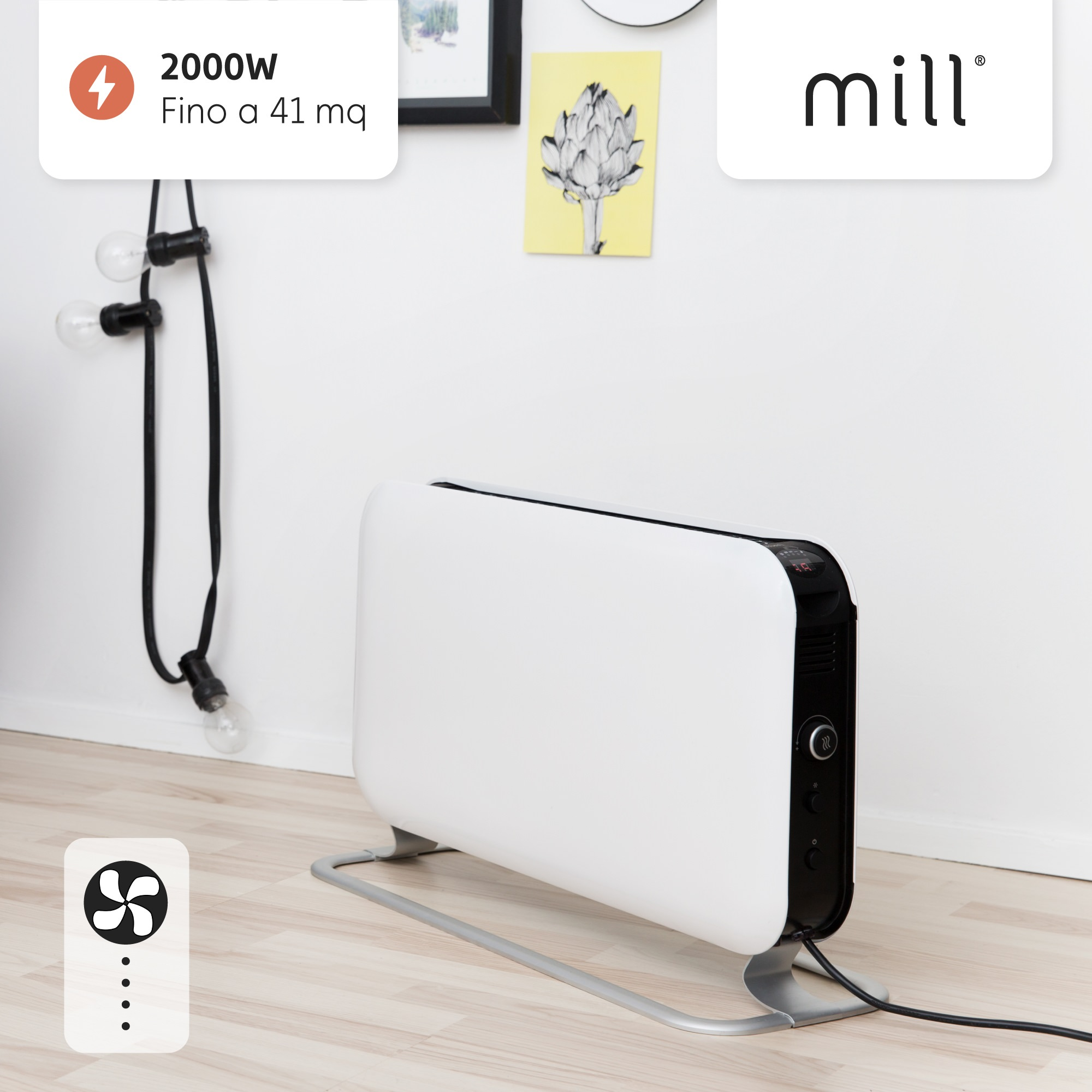 Biało-czarny grzejnik elektryczny z wyświetlaczem cyfrowym. Stoi na srebrnym stojaku. Tekst: mill.
