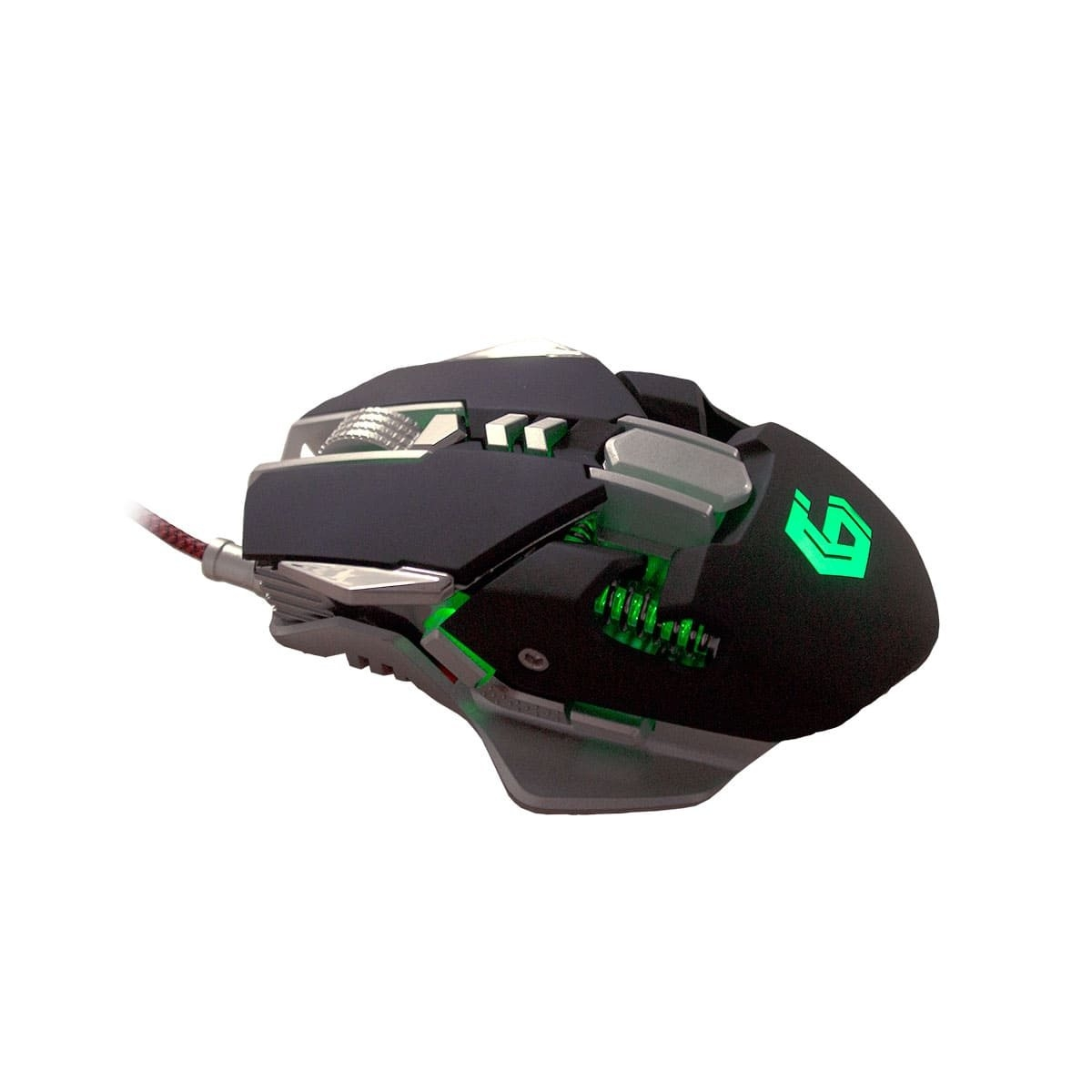 Mysz gamingowa z czarnym korpusem, zielonymi światłami i czerwono-czarnym kablem.