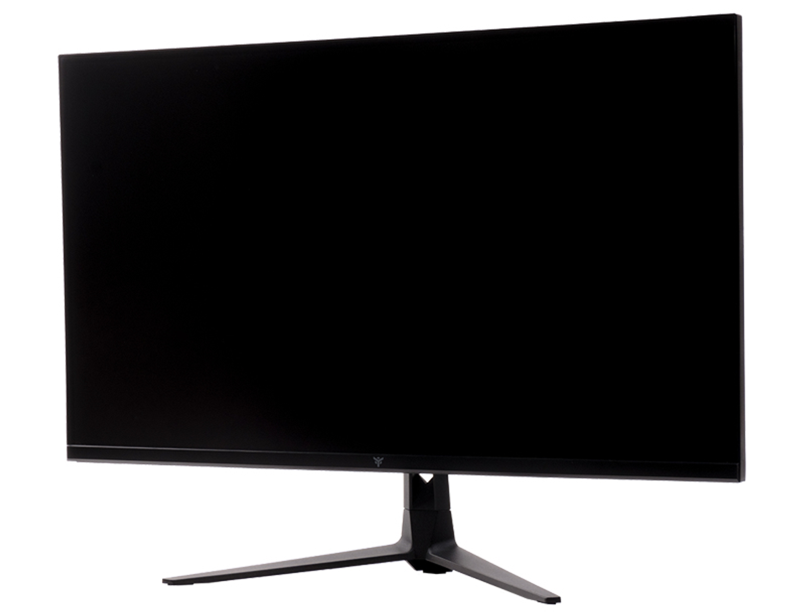 Un monitor nero con un supporto nero, su sfondo bianco.