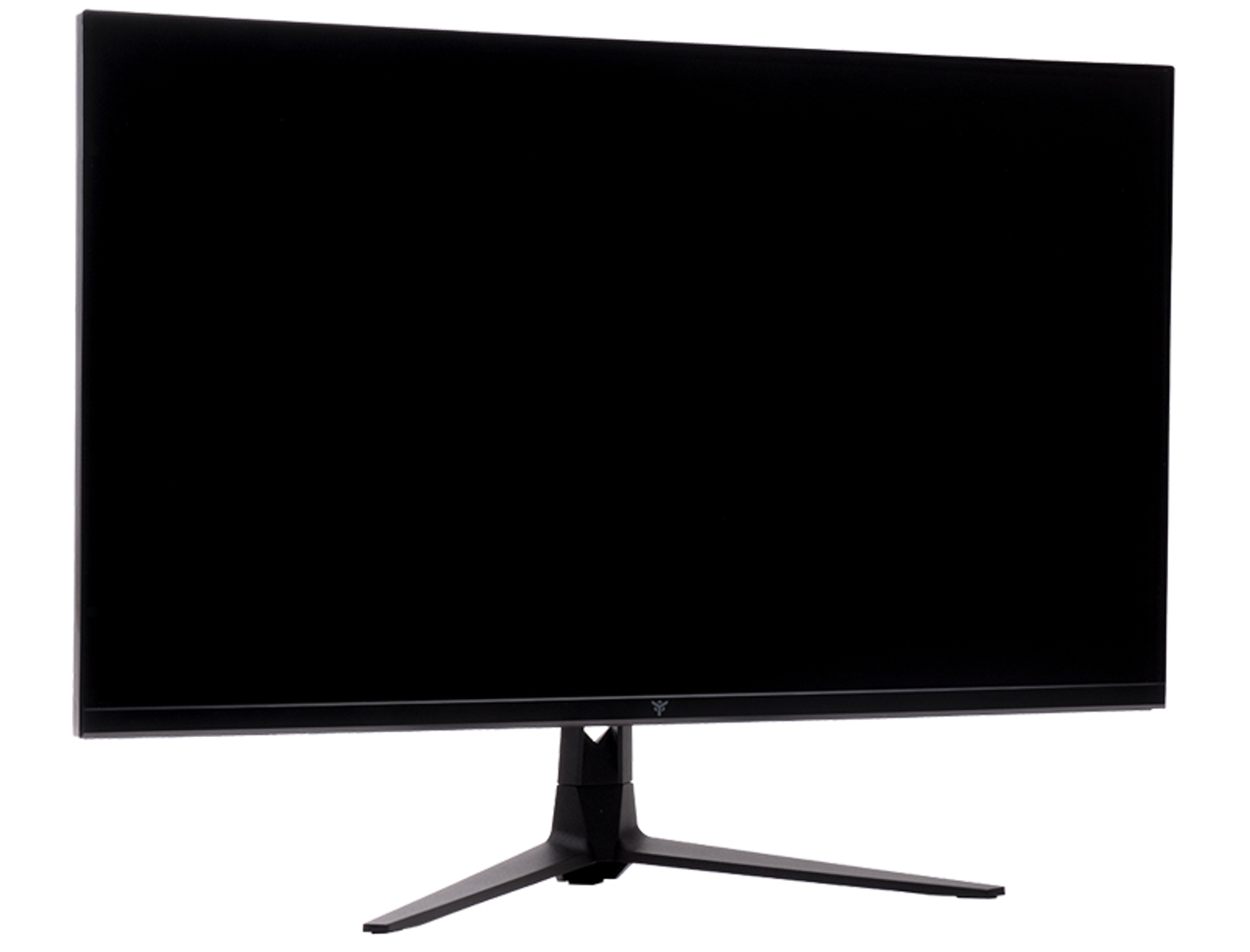 Monitor per computer nero, con schermo nero, su un supporto nero.