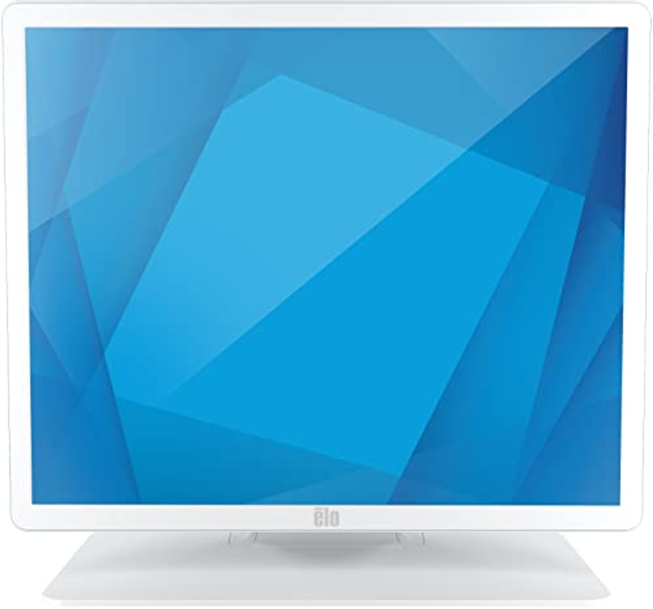 Un monitor de computadora blanco que muestra un patrón abstracto azul y blanco.