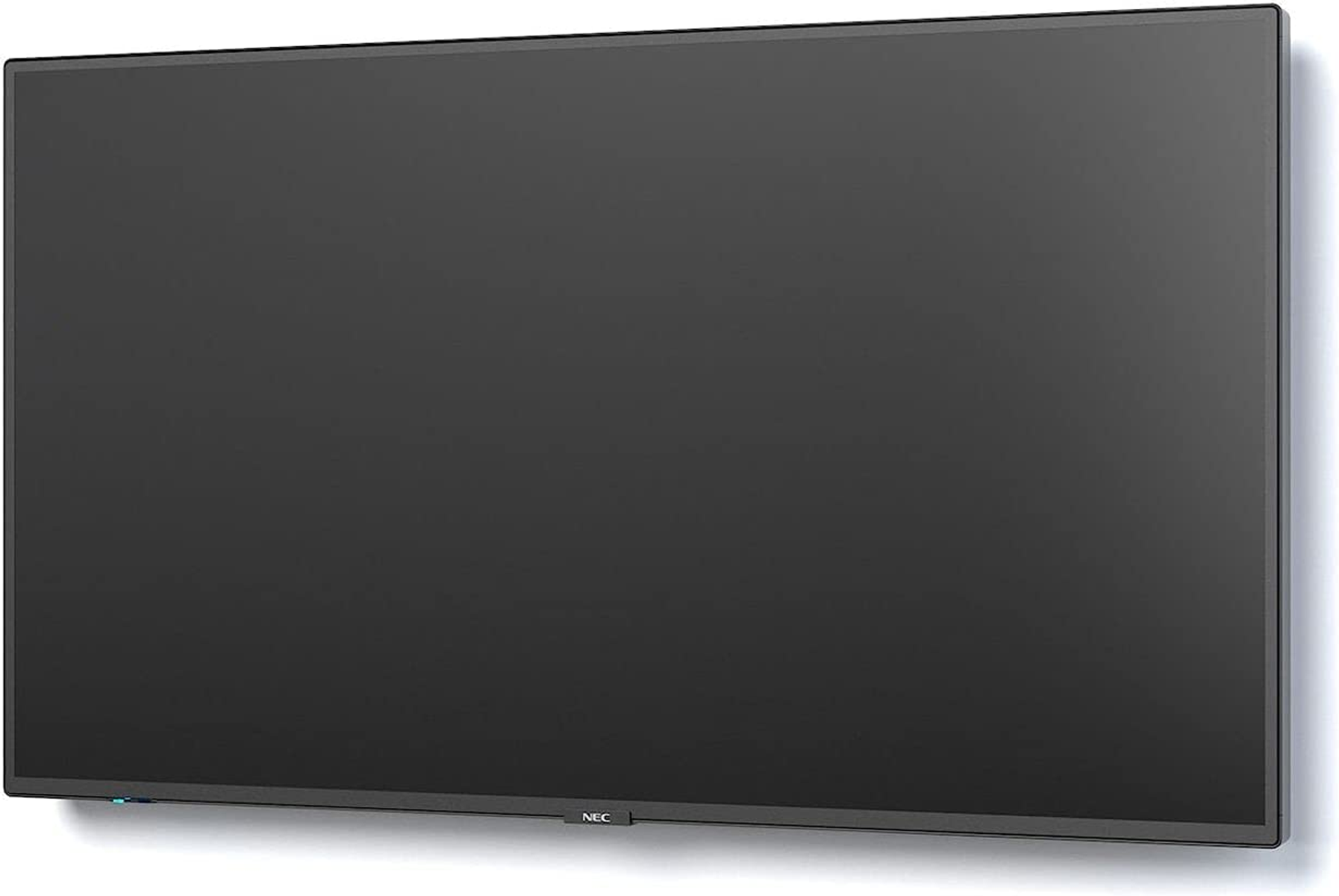 Duży czarny telewizor zamontowany na białej ścianie. Widoczne logo 'NEC'.