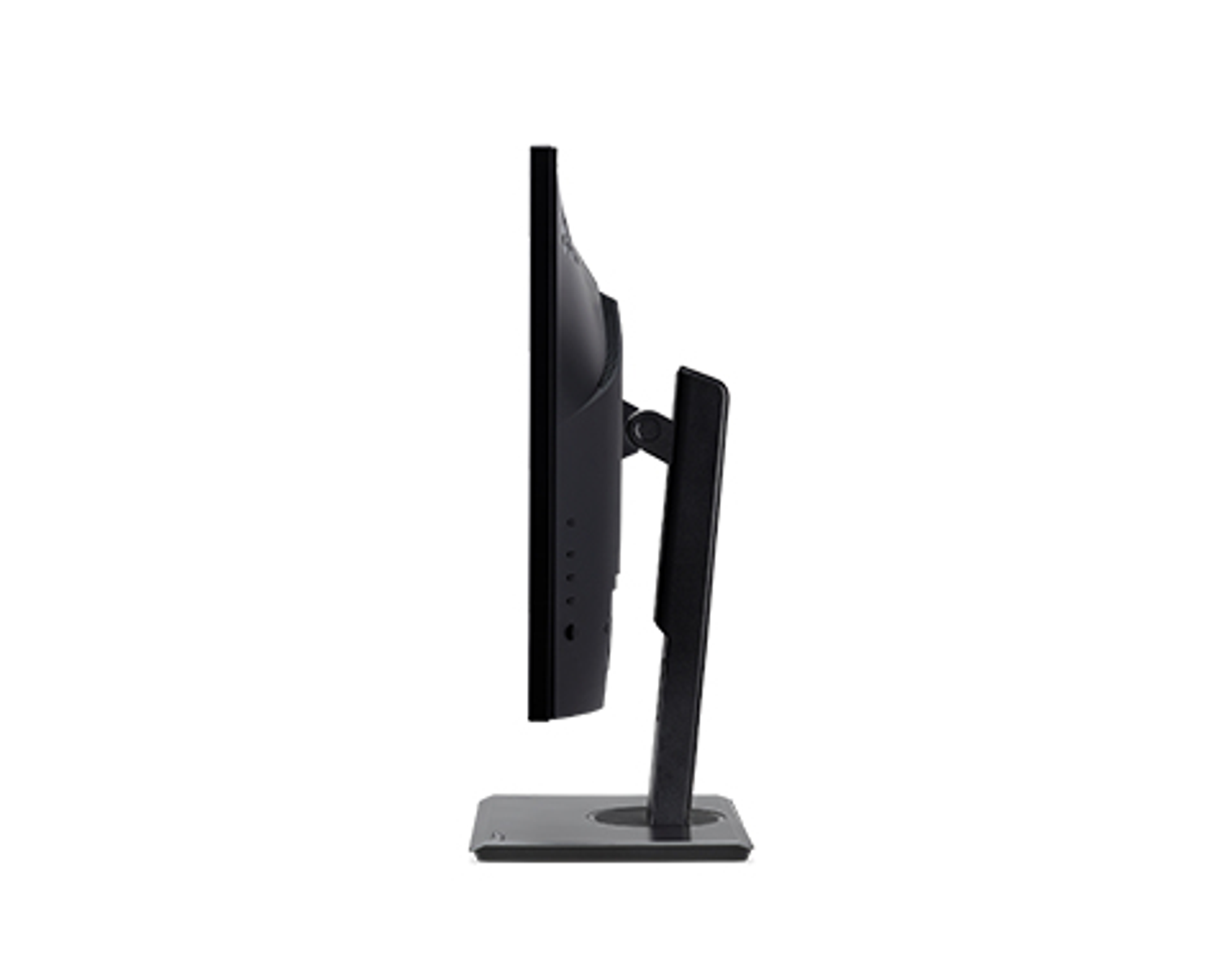 Side view of a black monitor with stand, the monitor is turned off.
