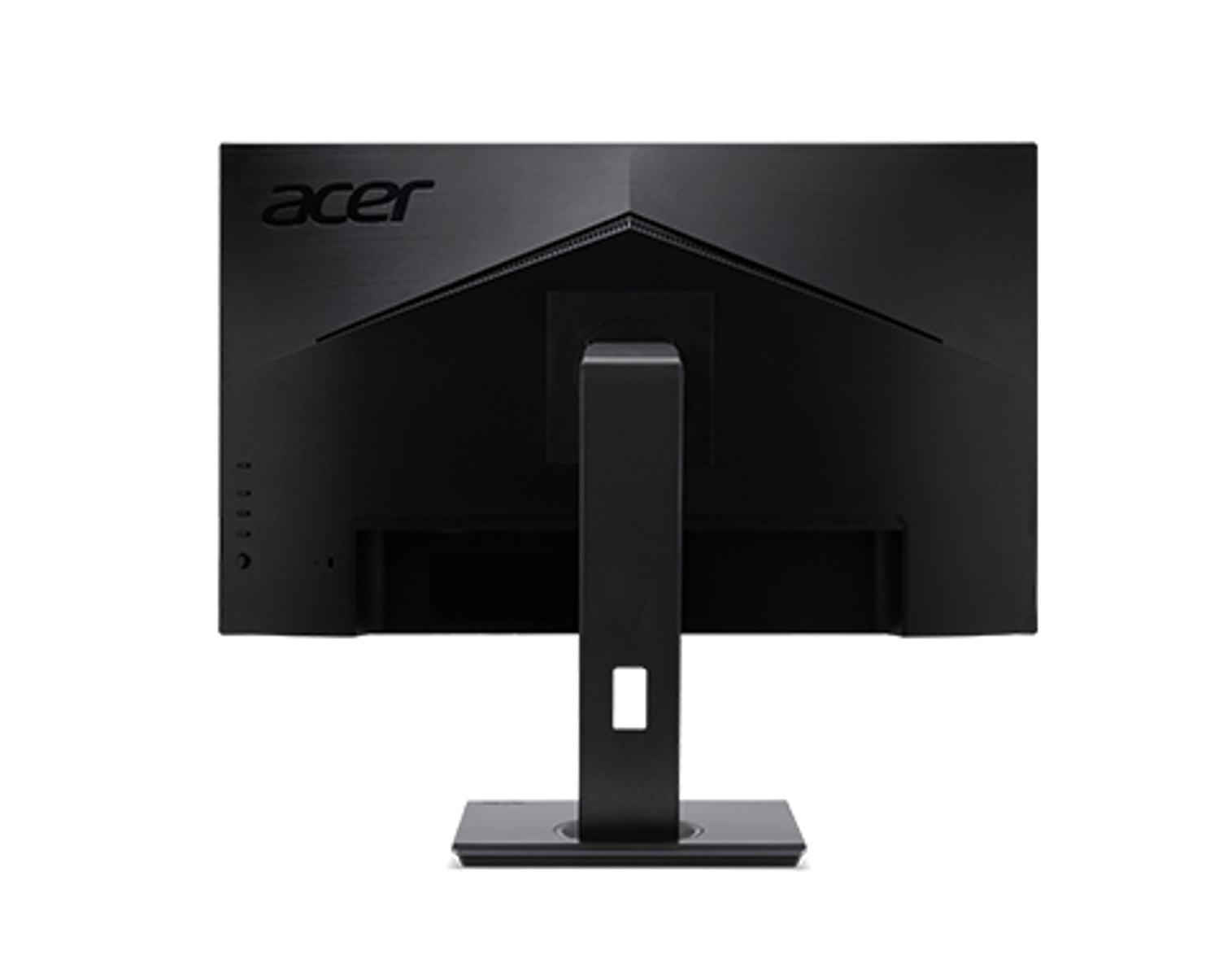 Back of a black monitor with the Acer logo, and the stand with the base.