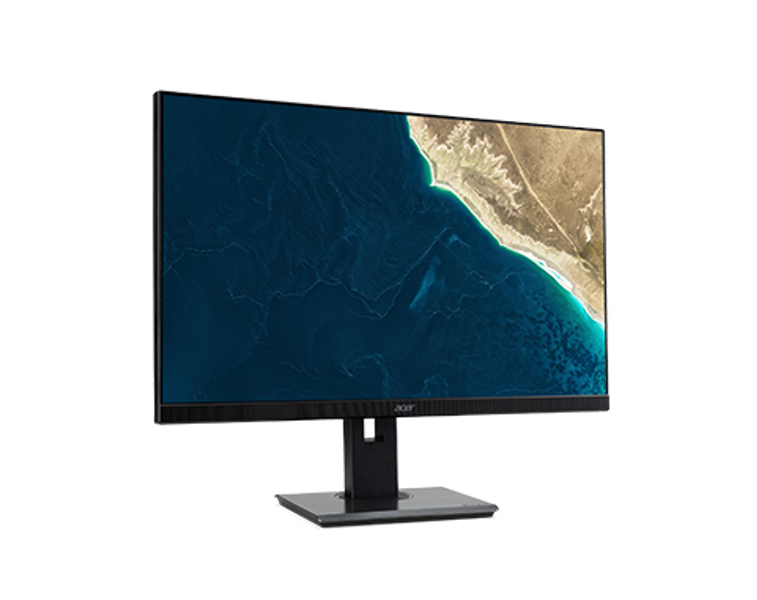 A monitor displaying a coastal scene with blue water and a sandy beach.