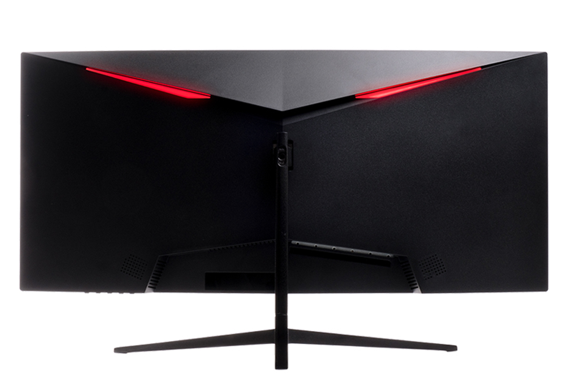 Widok z tyłu czarnego monitora z czerwonymi światłami i podstawą z trzema nogami.
