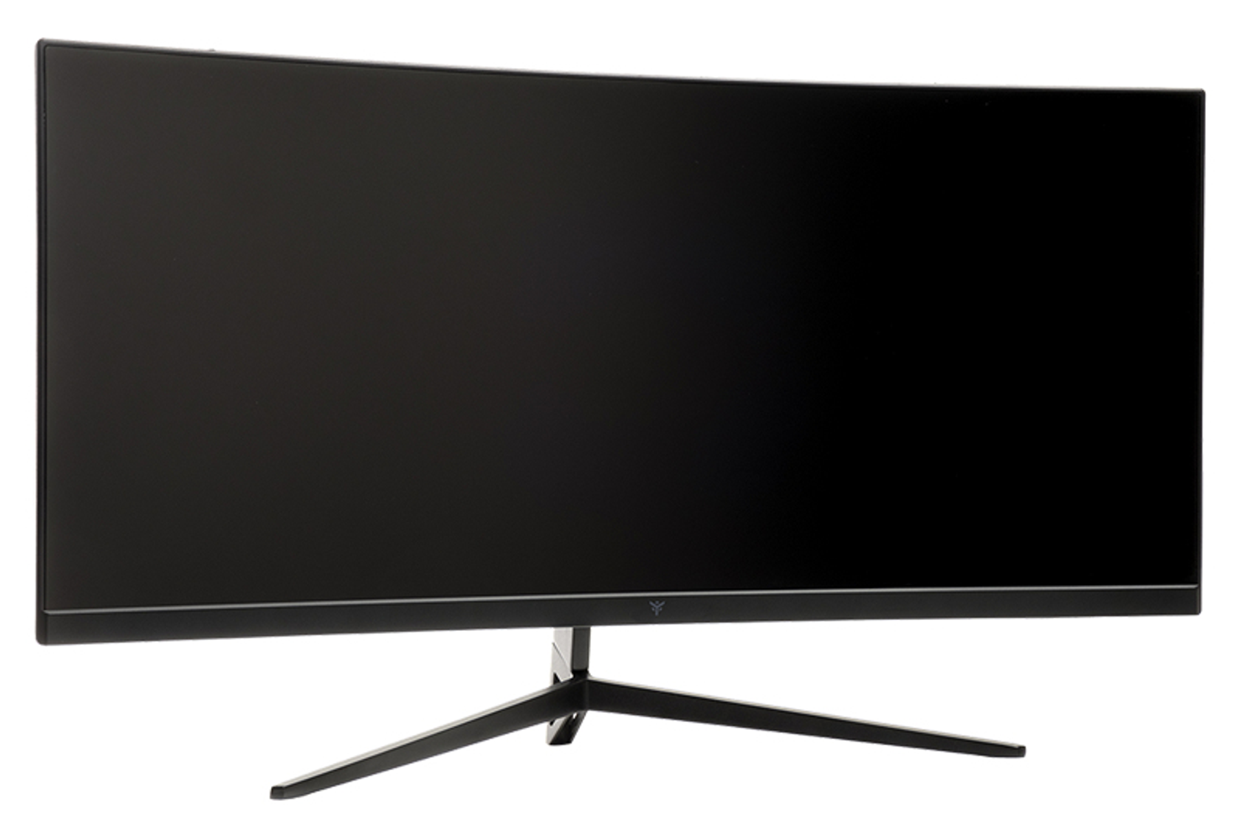 Zakrzywiony monitor komputerowy z czarnym ekranem i podstawką.