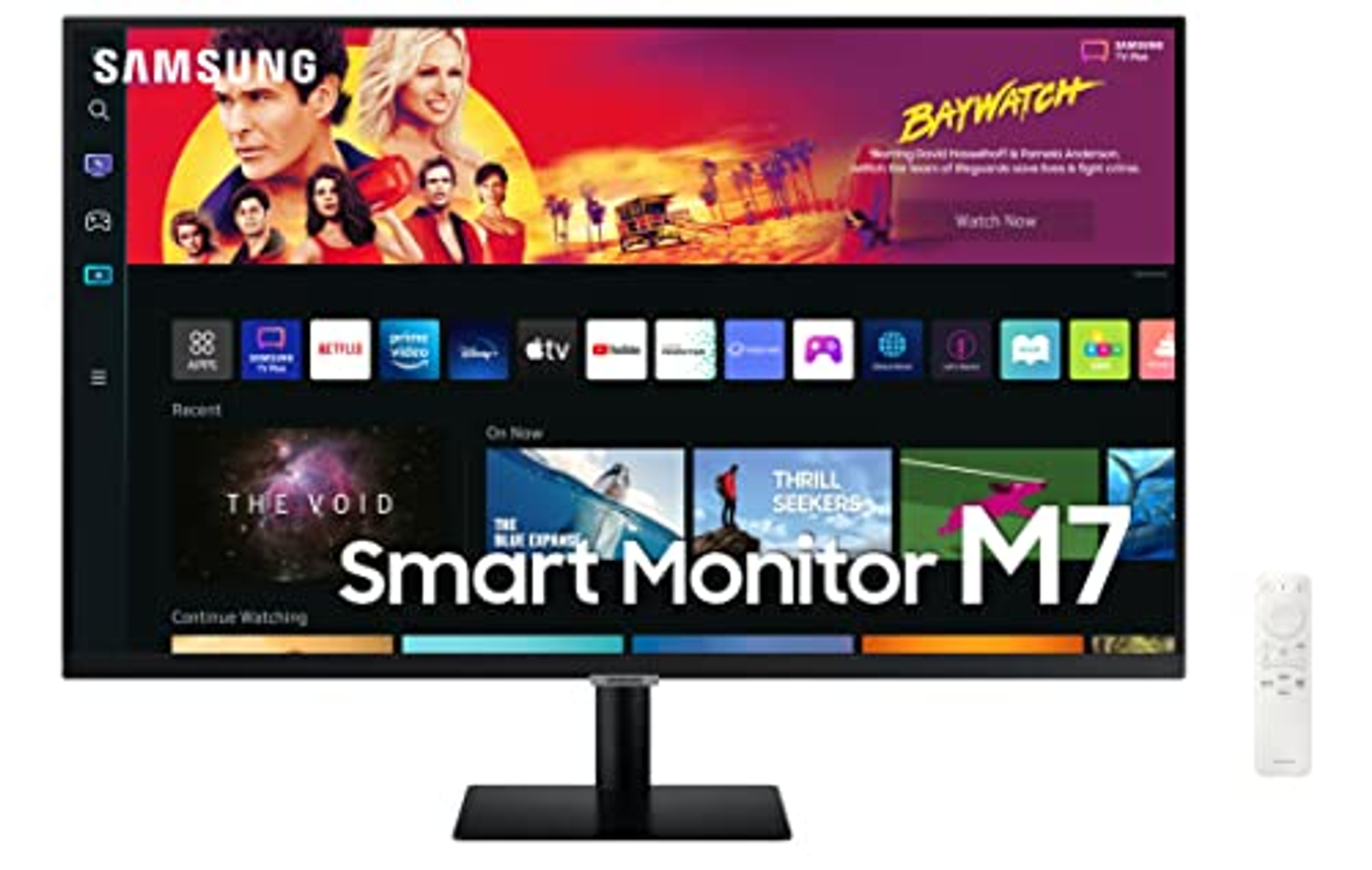 Samsung Smart Monitor M7 che mostra una scena di film e app.