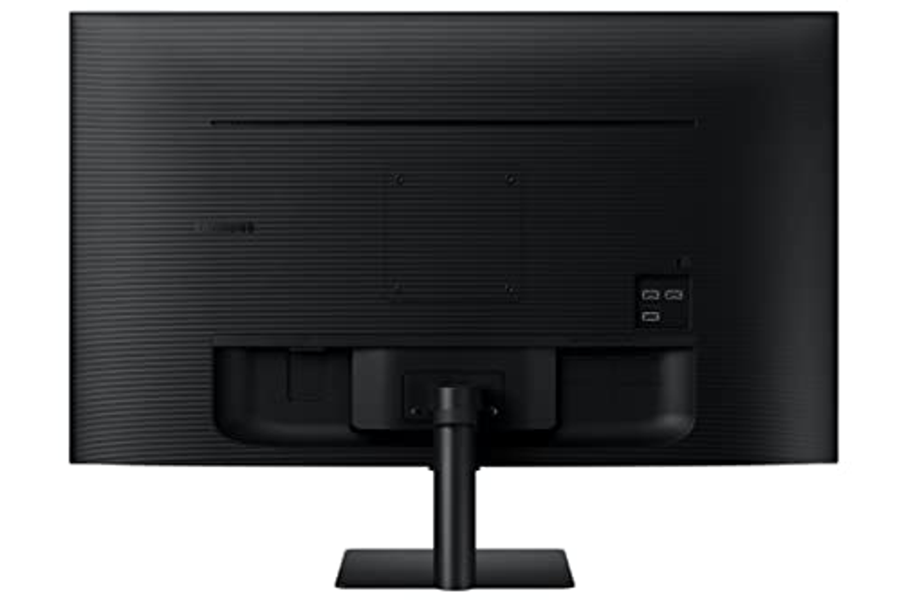 Vista posteriore di un monitor nero con supporto. Porte visibili sul retro.