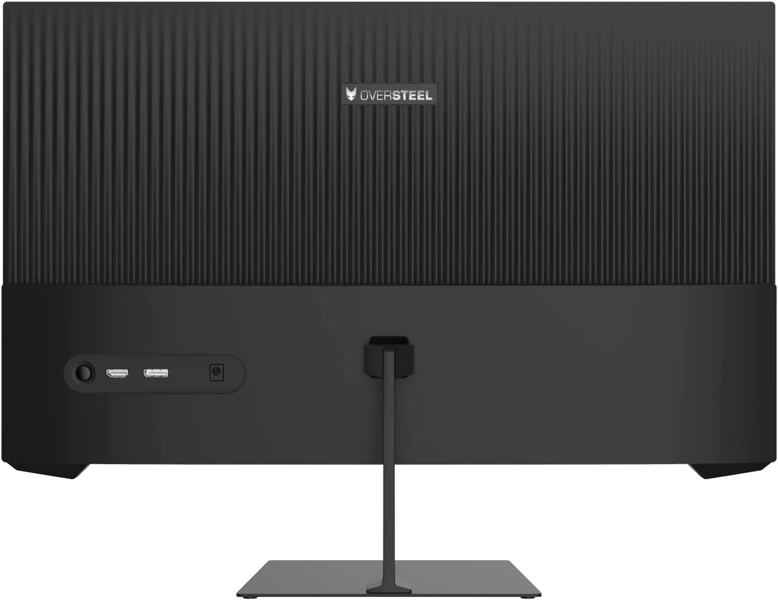 Parte trasera de un monitor Oversteel negro con puertos y un soporte.
