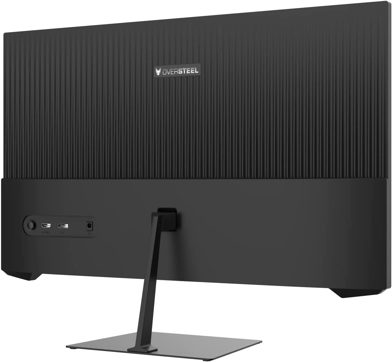 La parte trasera de un monitor negro con líneas verticales, puertos y soporte, y el logotipo de Oversteel.