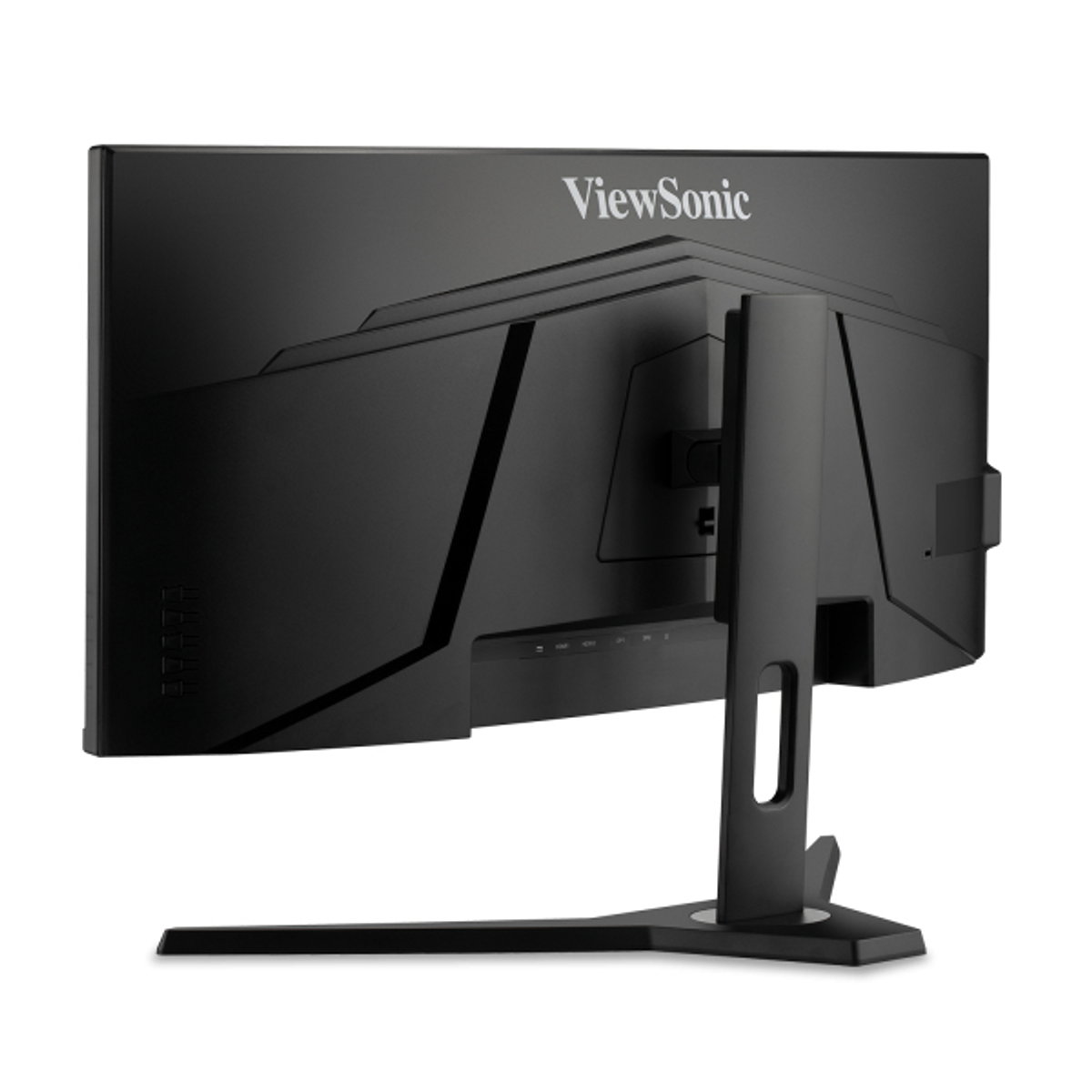 Czarny tył monitora z logo ViewSonic, podstawką i portami. Widok pod kątem.