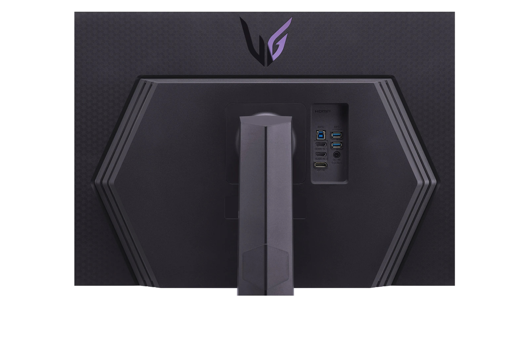 Rückseite eines schwarzen LG-Monitors, zeigt Anschlüsse und einen Ständer. LG-Logo oben.