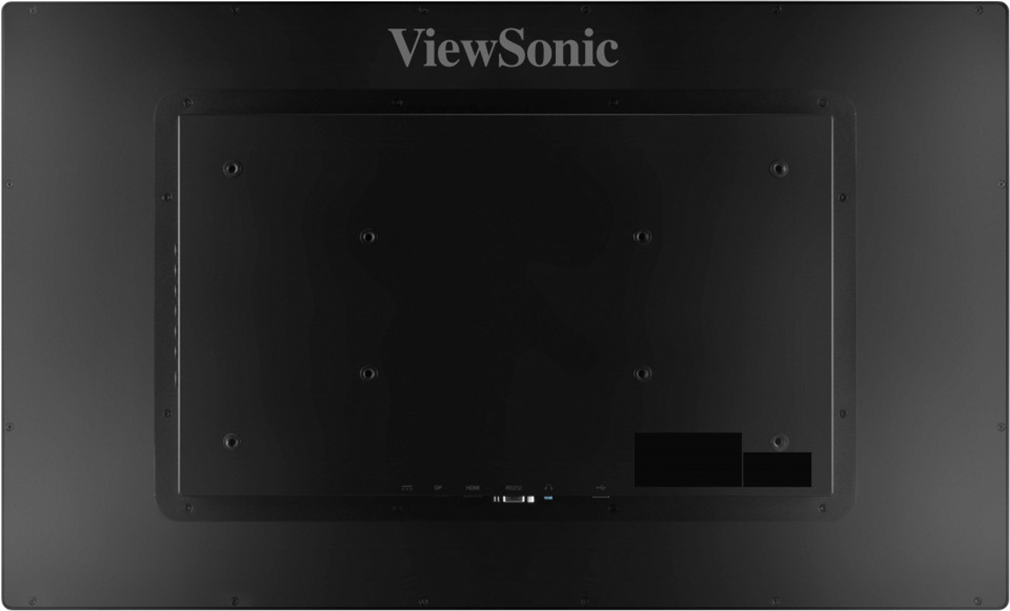 Parte trasera de un monitor ViewSonic negro. Tiene forma rectangular con orificios para tornillos y puertos en la parte inferior.