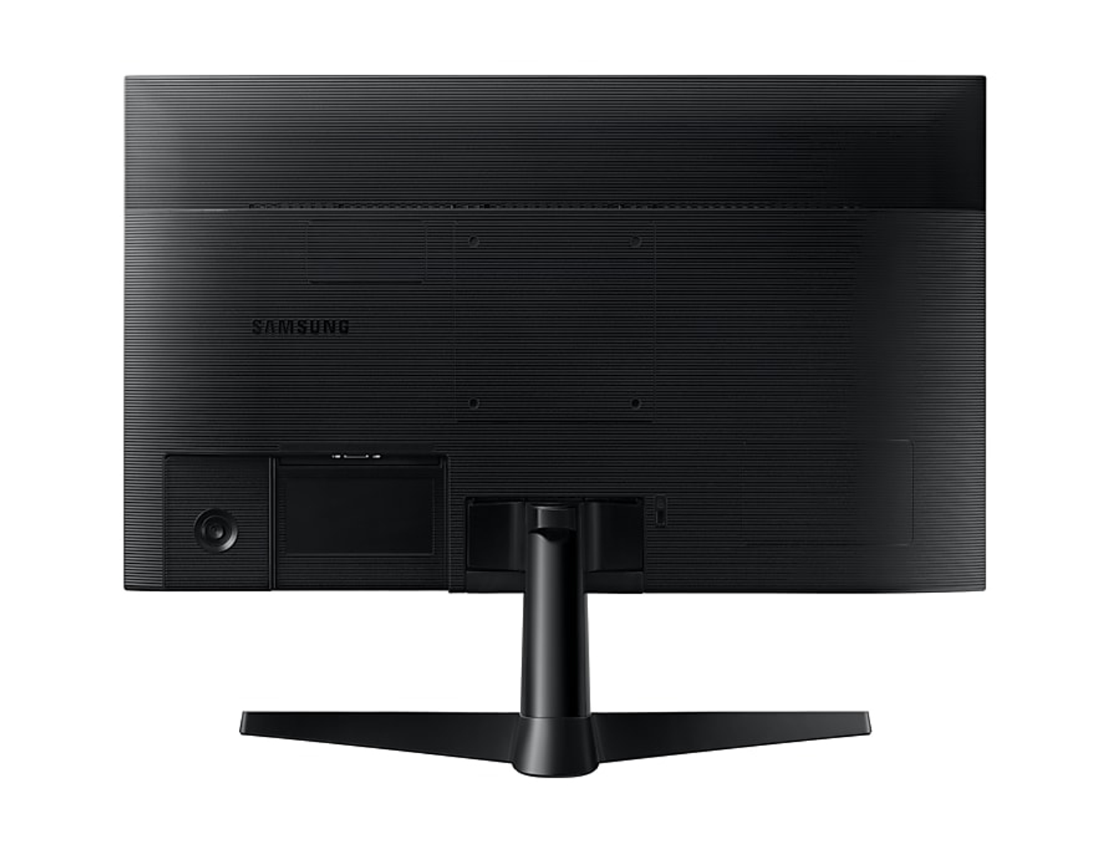 Vista posteriore di un monitor per computer nero su una superficie bianca, con supporto nero.