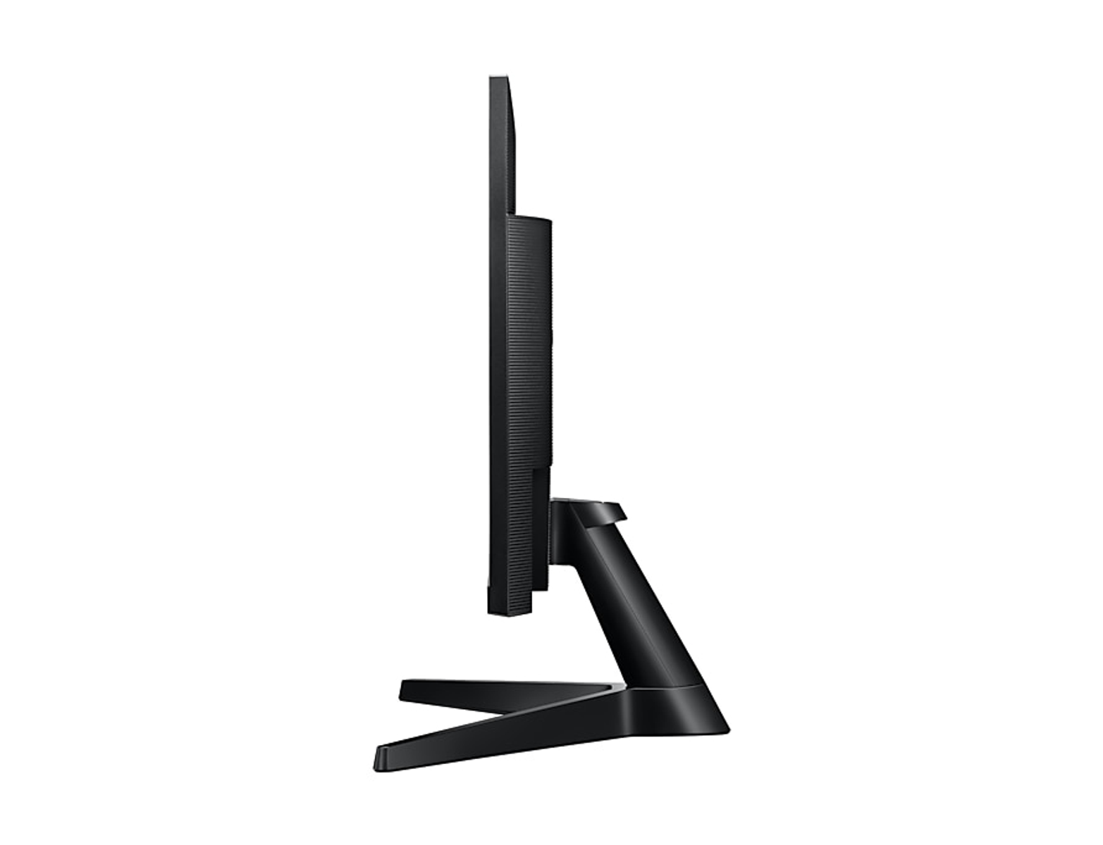 Vista laterale di un monitor nero con supporto nero, su sfondo bianco.