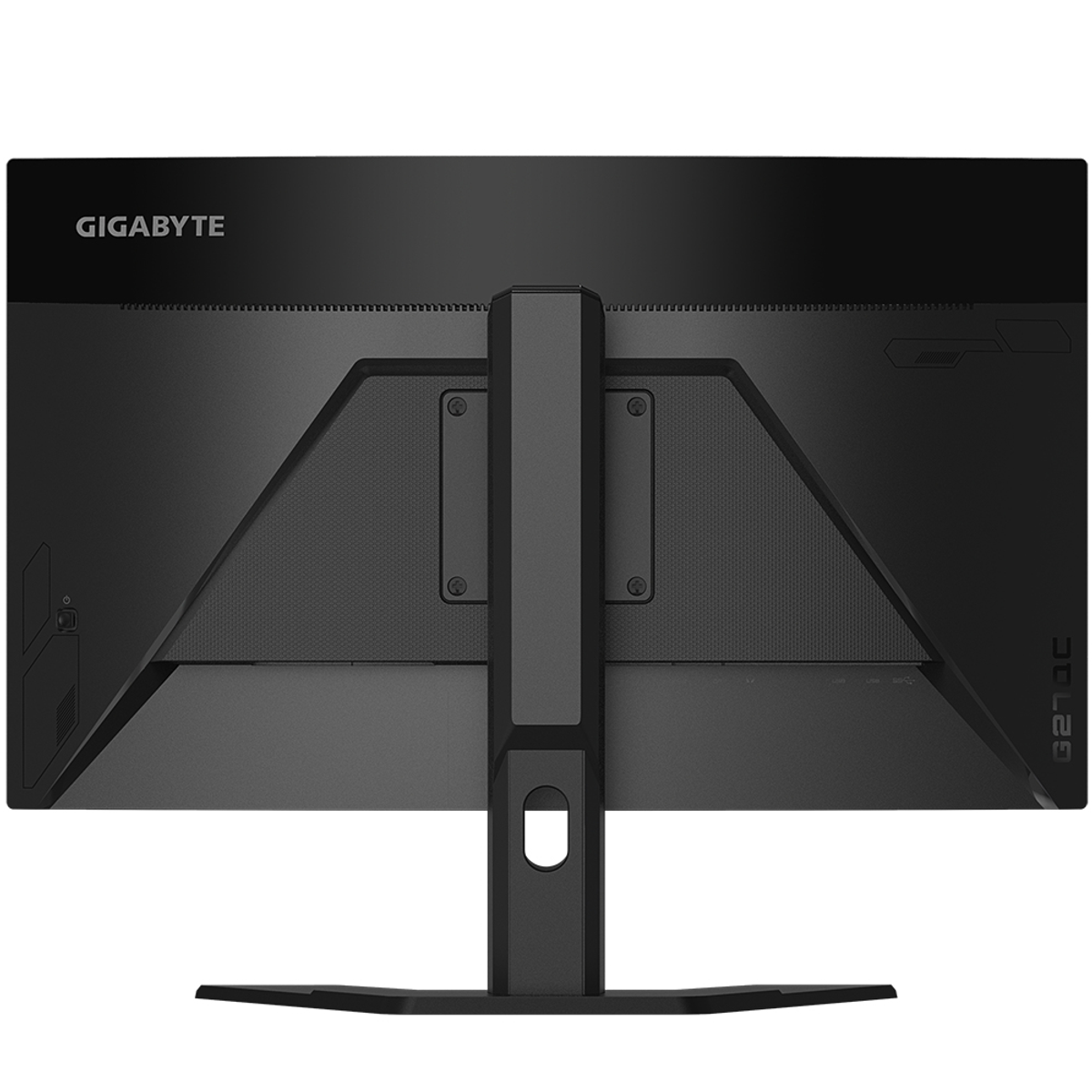 Il retro di un monitor nero con GIGABYTE scritto in alto. Ha un supporto nero.