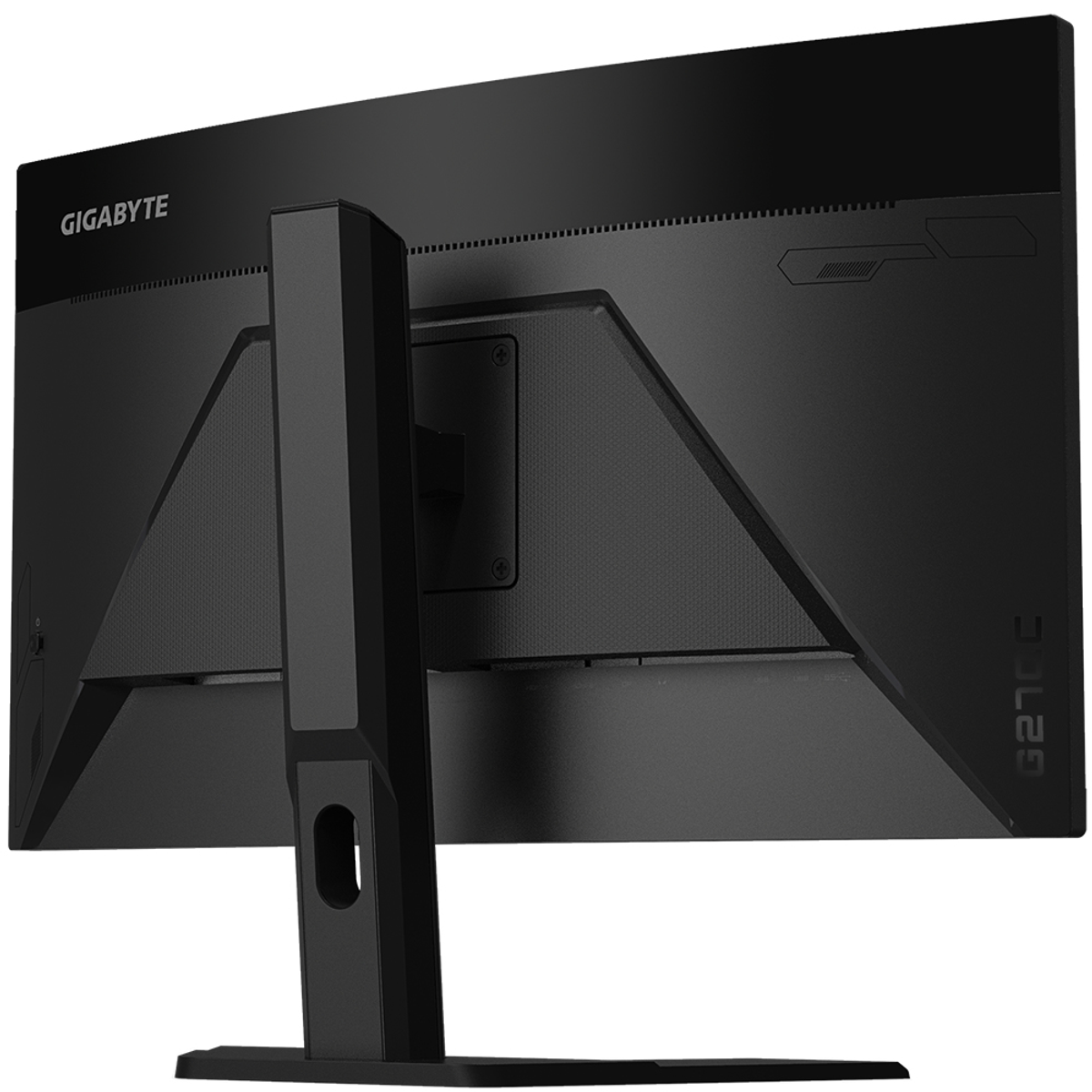 Monitor Gigabyte nero, vista posteriore, con supporto. Marchio visibile.