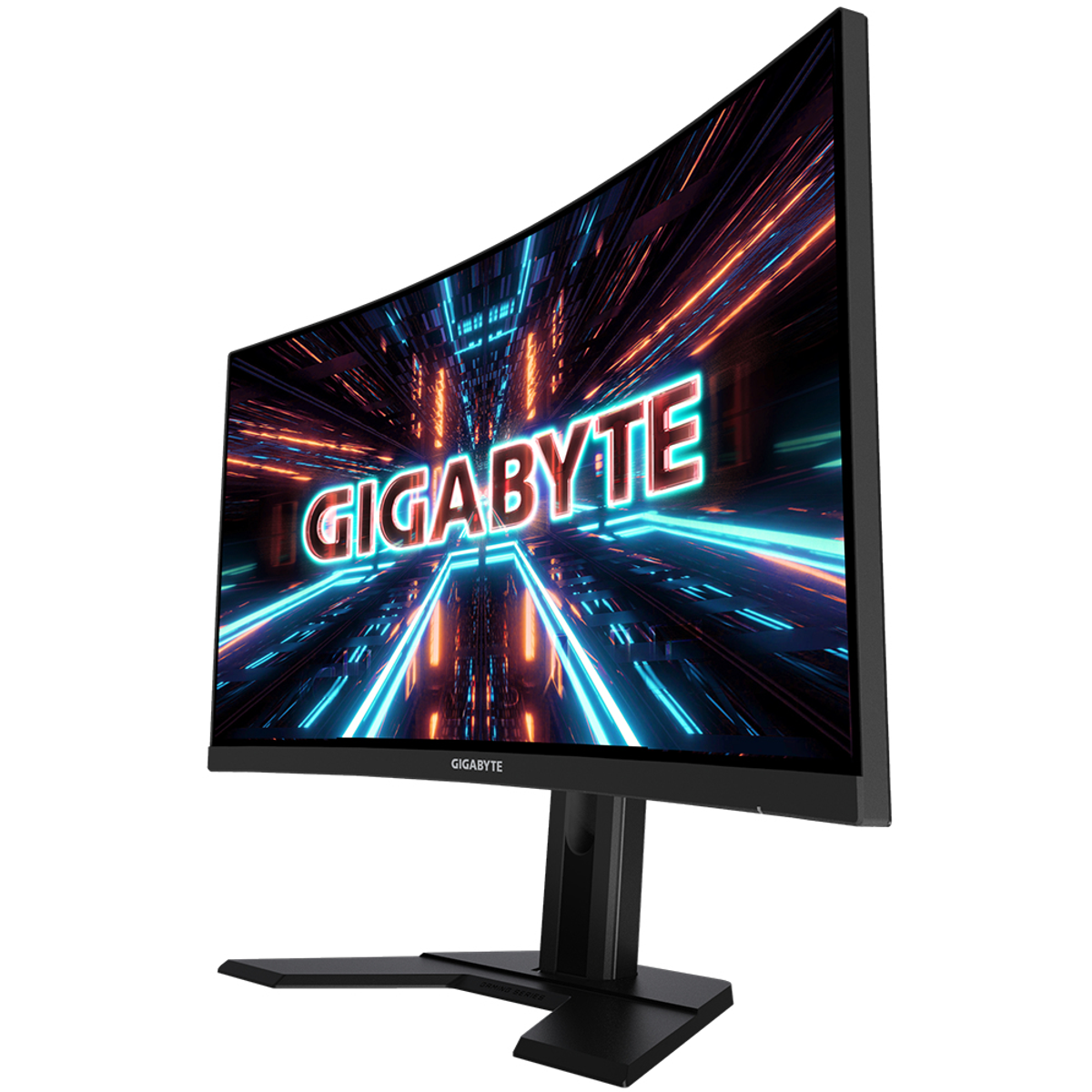 Monitor curvo che mostra la parola GIGABYTE in blu e arancione.