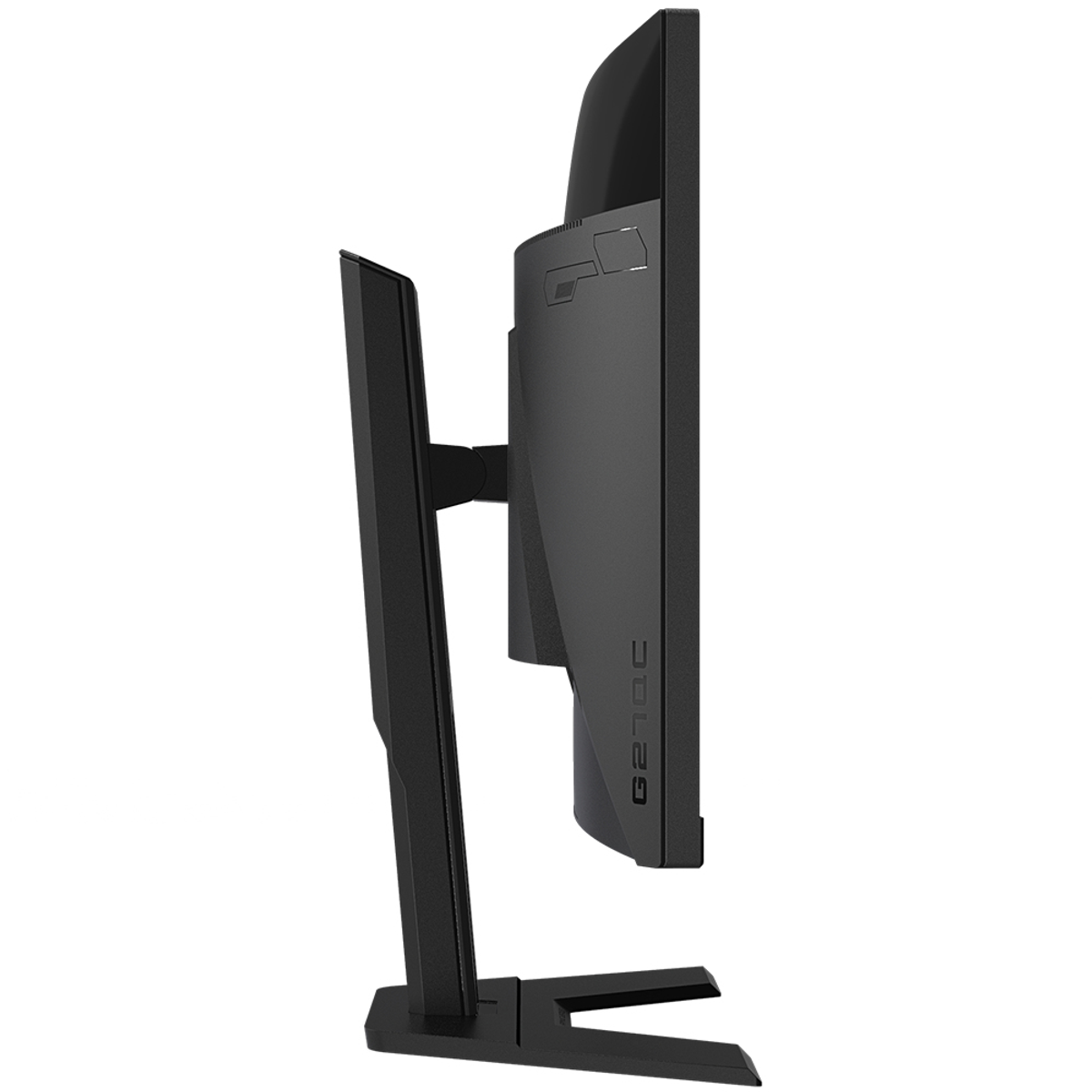 Vista laterale di un monitor nero con supporto nero su sfondo bianco.