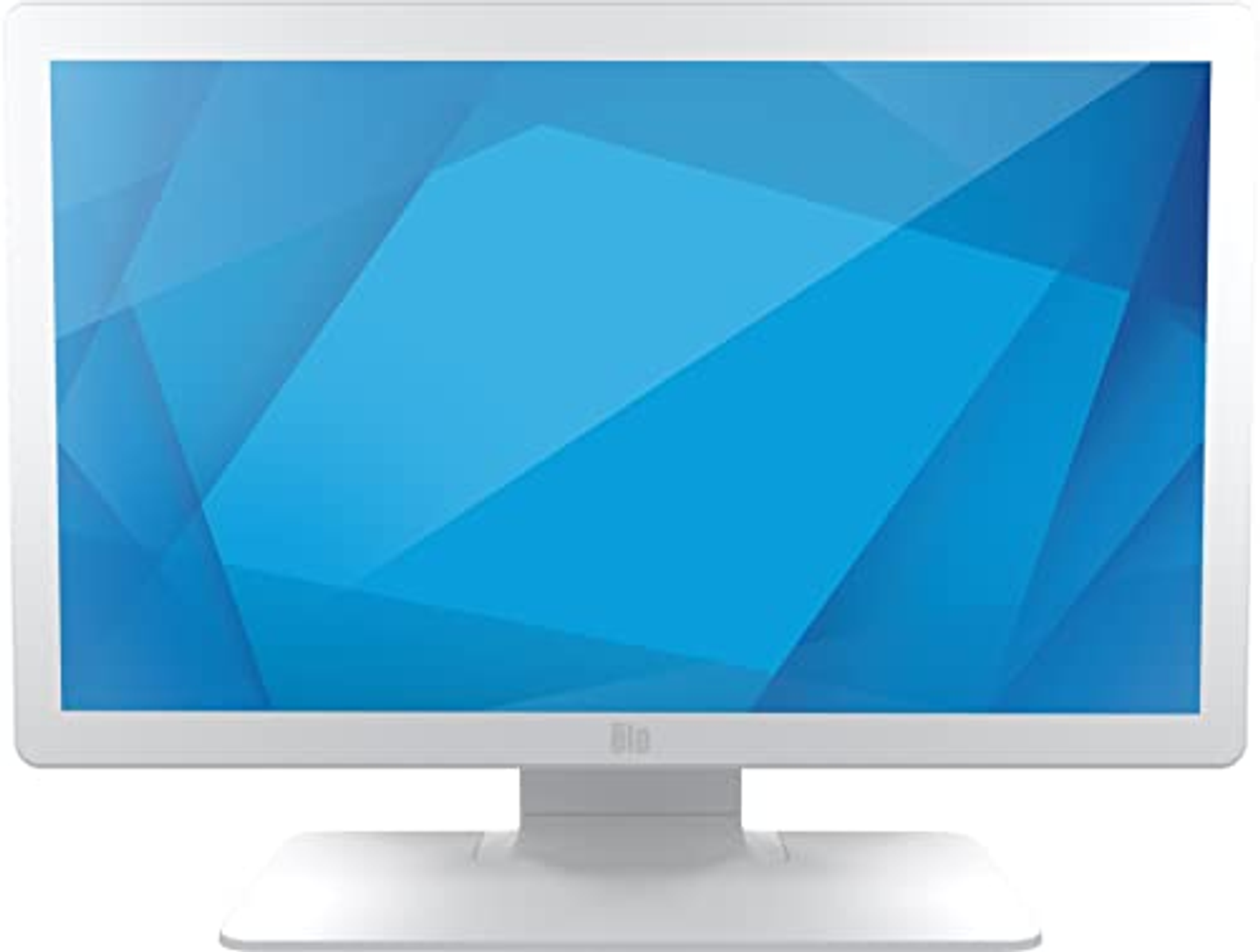 Hannspree-Monitor mit grünem und weißem, abstraktem Design.