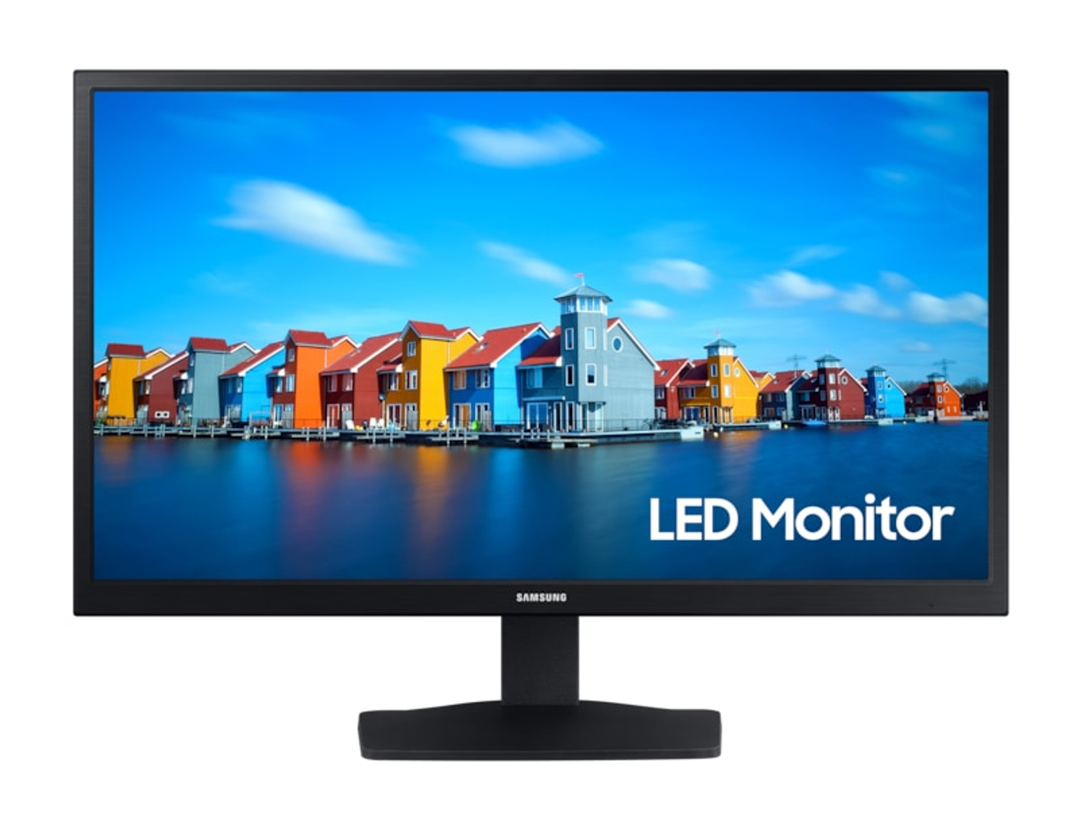 Il monitor LED mostra case colorate sull'acqua, cielo blu sullo sfondo.