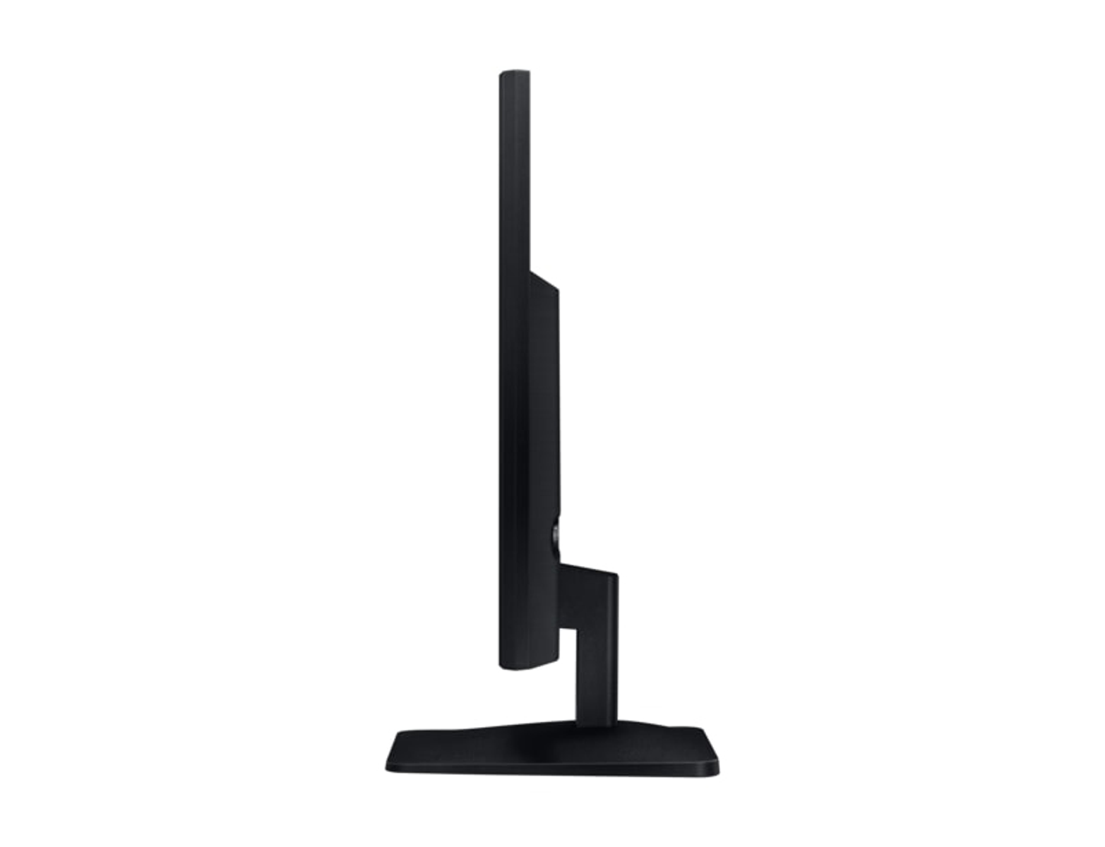 Un monitor di computer di lato, nero con un supporto.