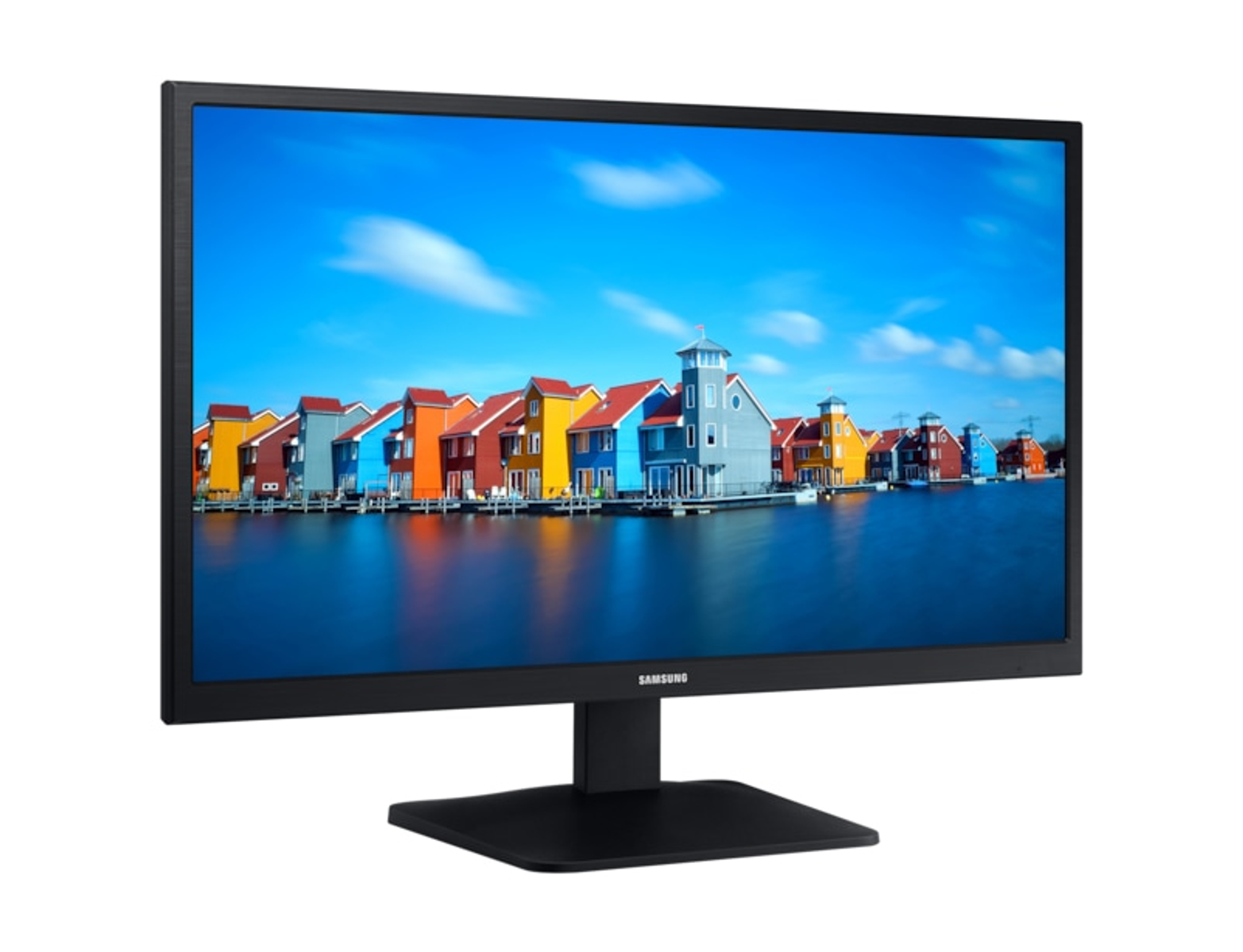 Monitor del computer che mostra una scena colorata con case.