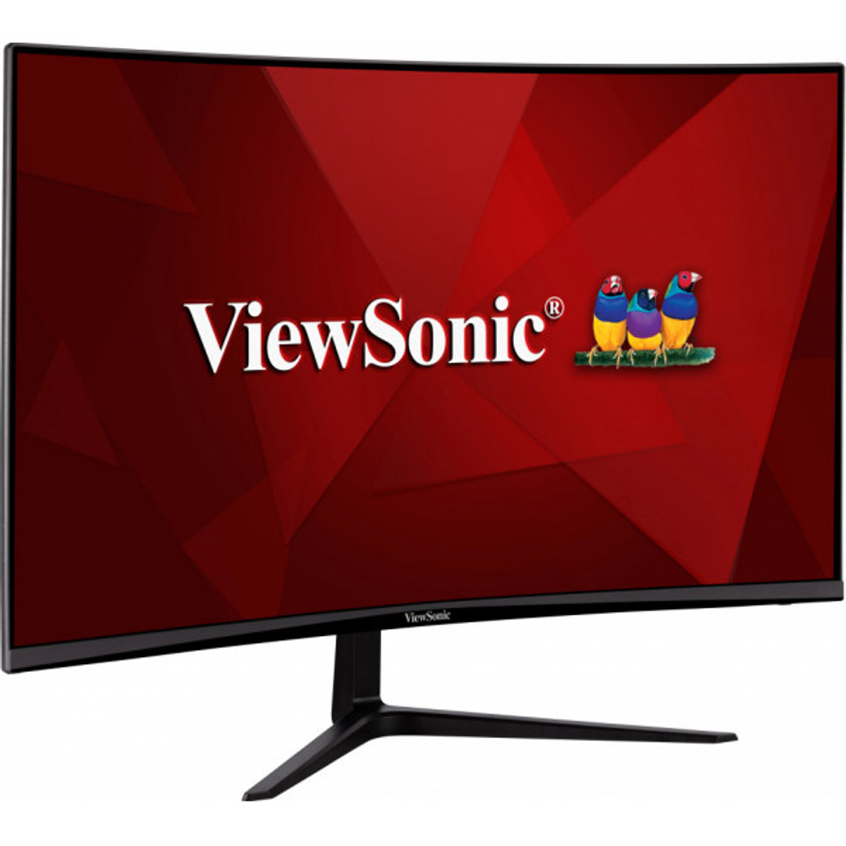 Ein geschwungener Monitor mit dem ViewSonic-Logo und einem roten Hintergrund mit geometrischen Formen.