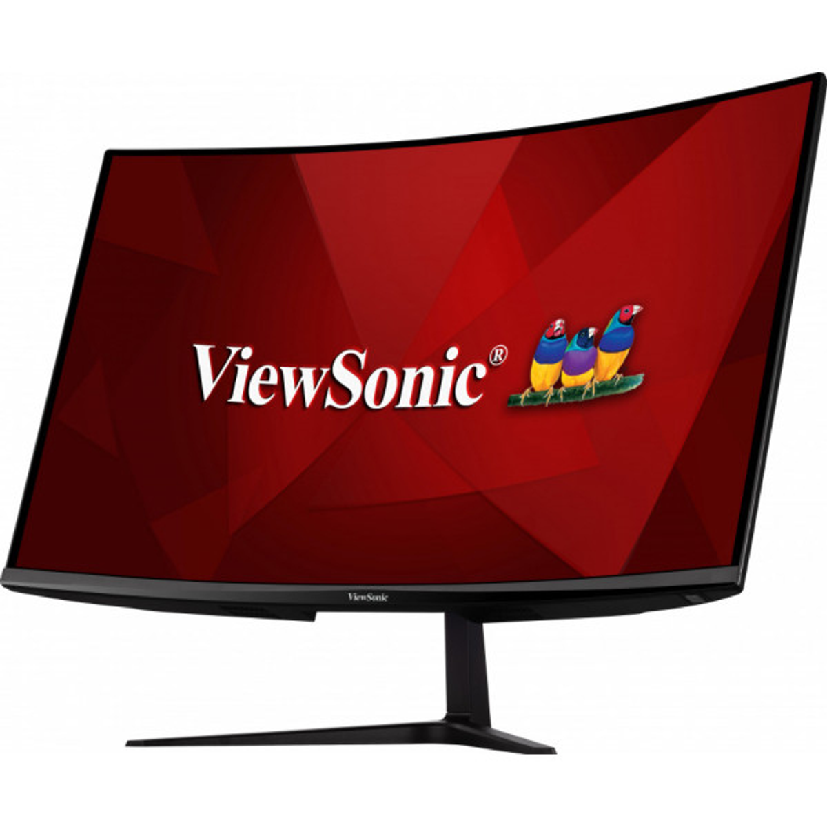 Gebogener ViewSonic-Monitor zeigt das Markenlogo und Vögel.
