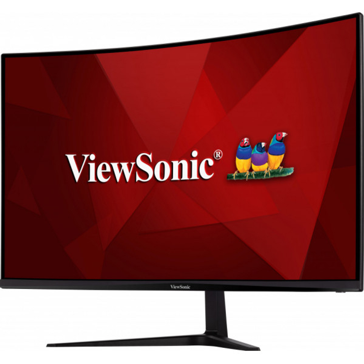 Ein gewölbter Monitor mit dem ViewSonic-Logo und einer Grafik von drei Vögeln. Der Hintergrund ist rot.