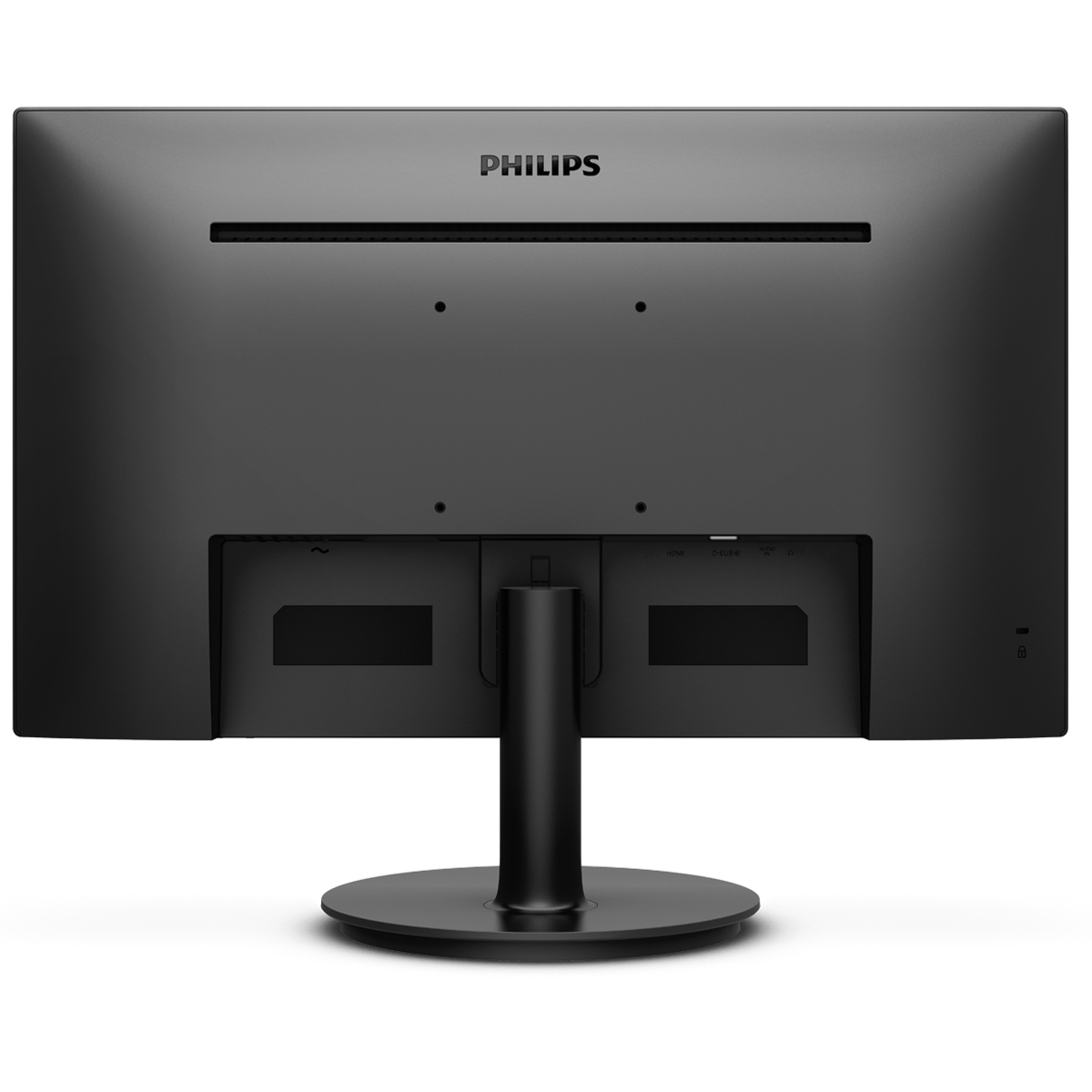 Tył czarnego monitora Philips z portami, podstawą i logo Philips na górze.