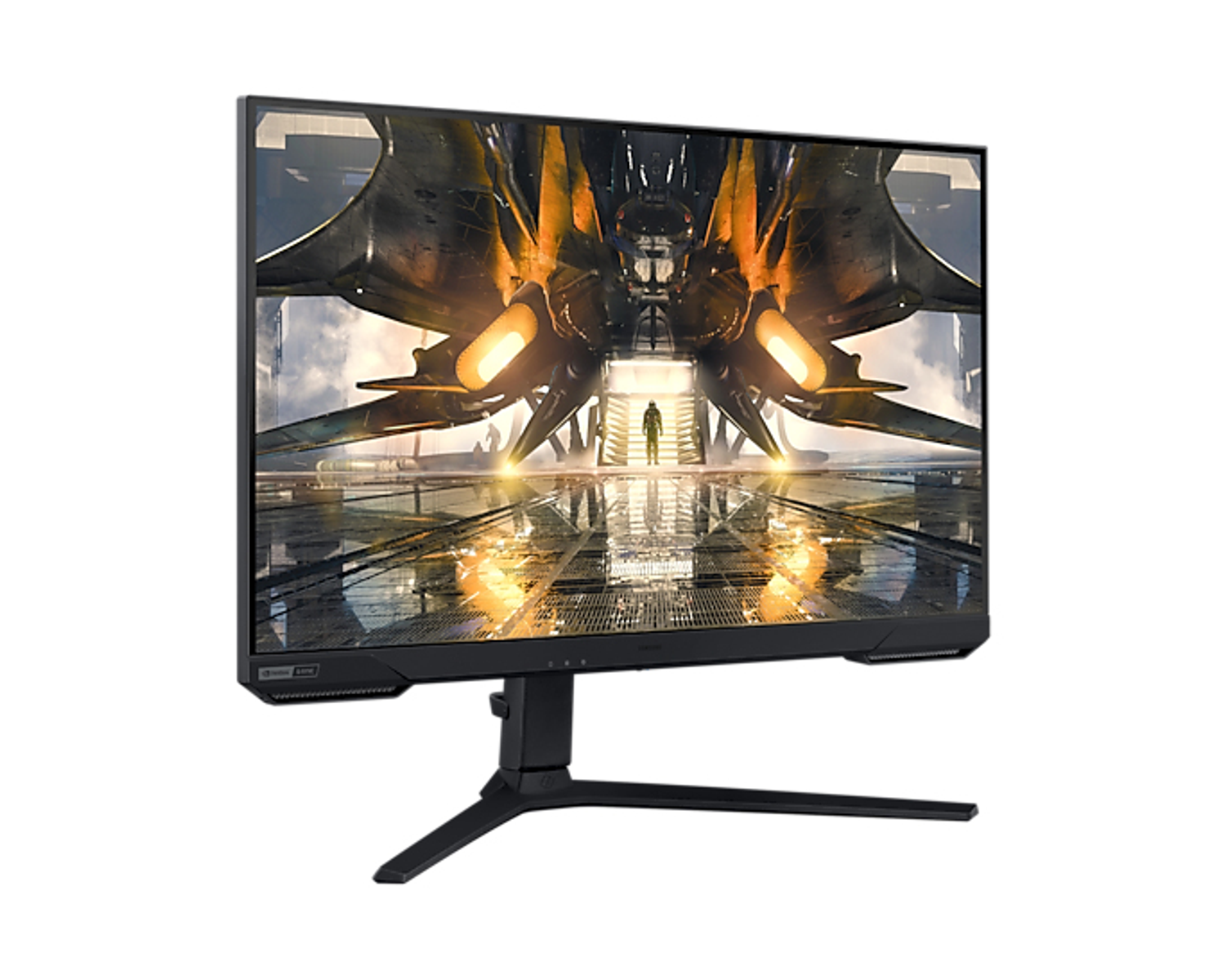 Monitor da gioco che mostra una scena futuristica con un'astronave. Il monitor è su sfondo bianco.