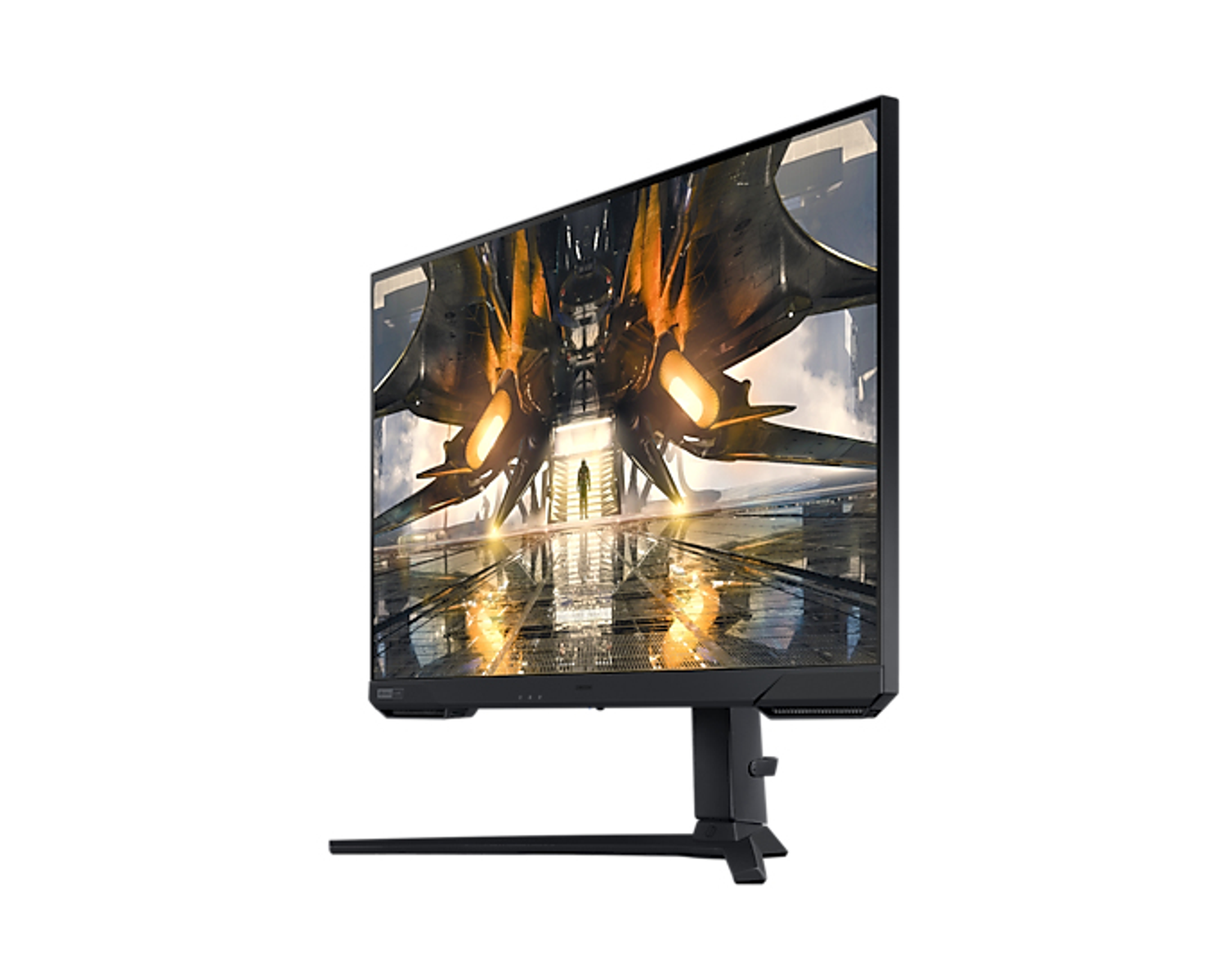 Un monitor per computer nero. Lo schermo mostra una scena futuristica. Il monitor è su sfondo bianco.