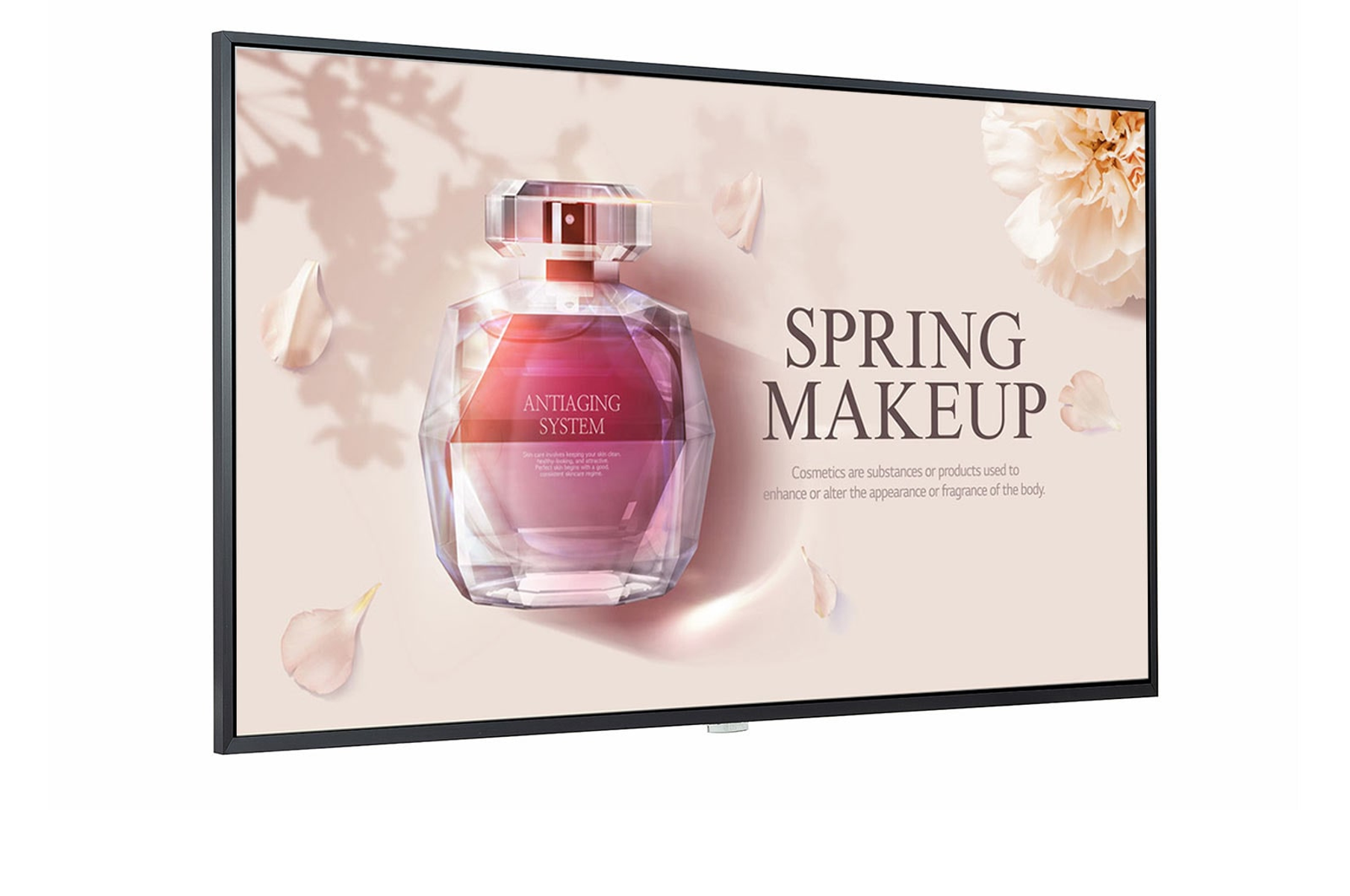 Monitor grande que muestra un frasco de perfume y las palabras 'SPRING MAKEUP'.