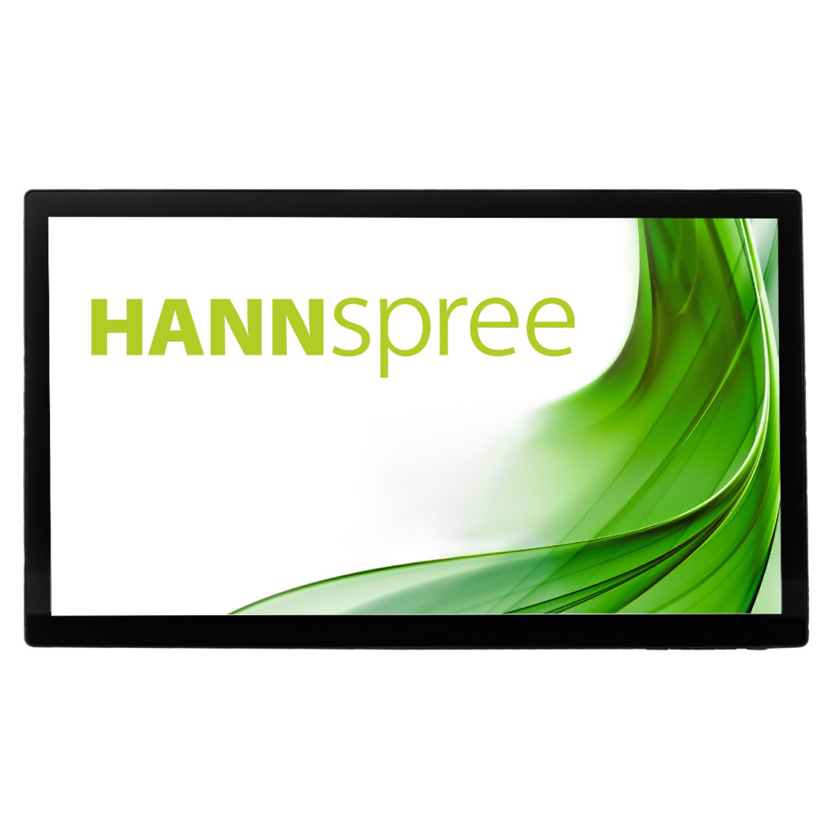 Black monitor with the word HANNspree in green on a white background, with a green blurred design.