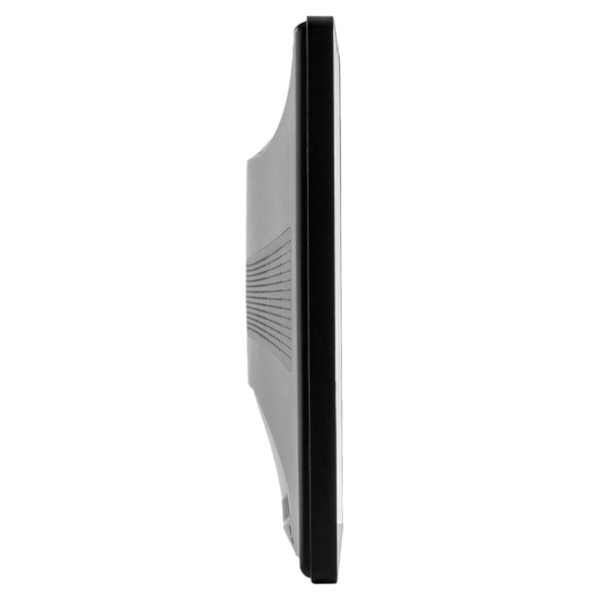 Side view of a black monitor with a speaker grill and a stand.