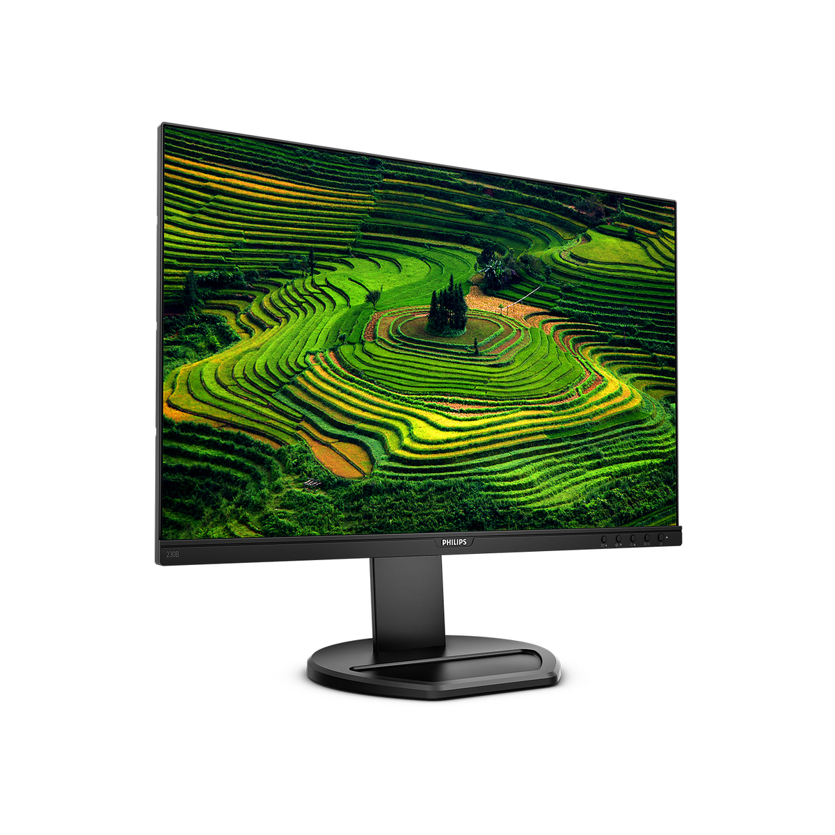 Philips monitor displaying a scenic view of terraced rice fields.
