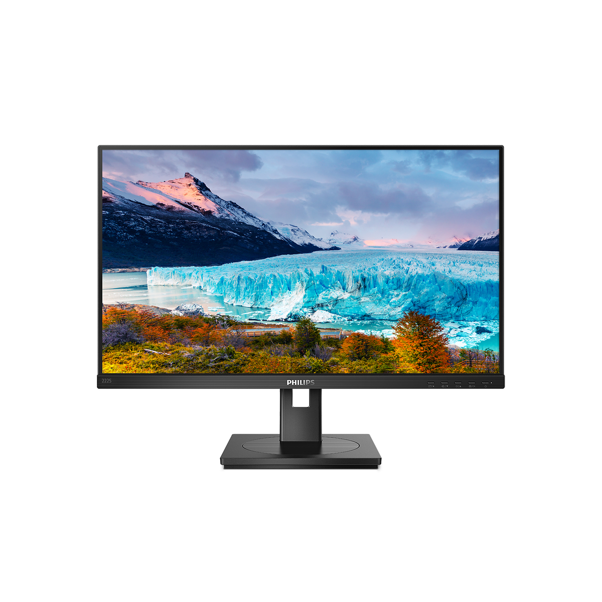 Gebogen gamingmonitor met een futuristisch ontwerp op het scherm en de standaard.