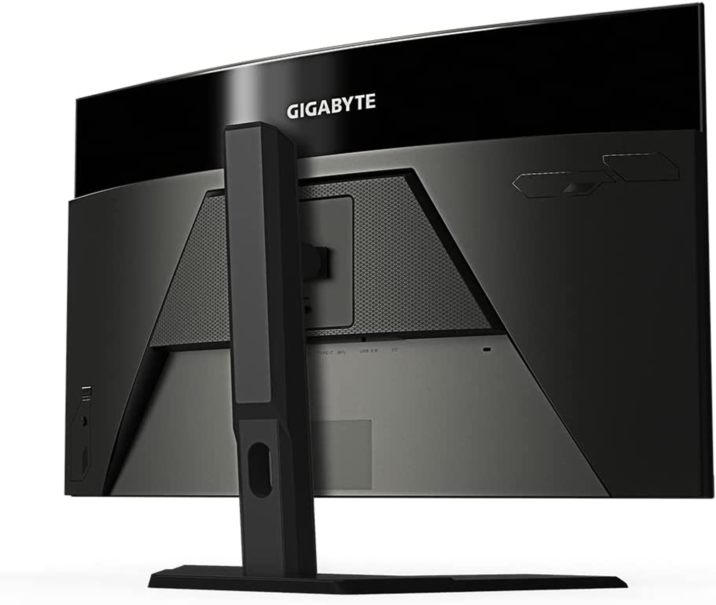 Widok z tyłu czarnego monitora komputerowego ze stojakiem i logo 'GIGABYTE'.