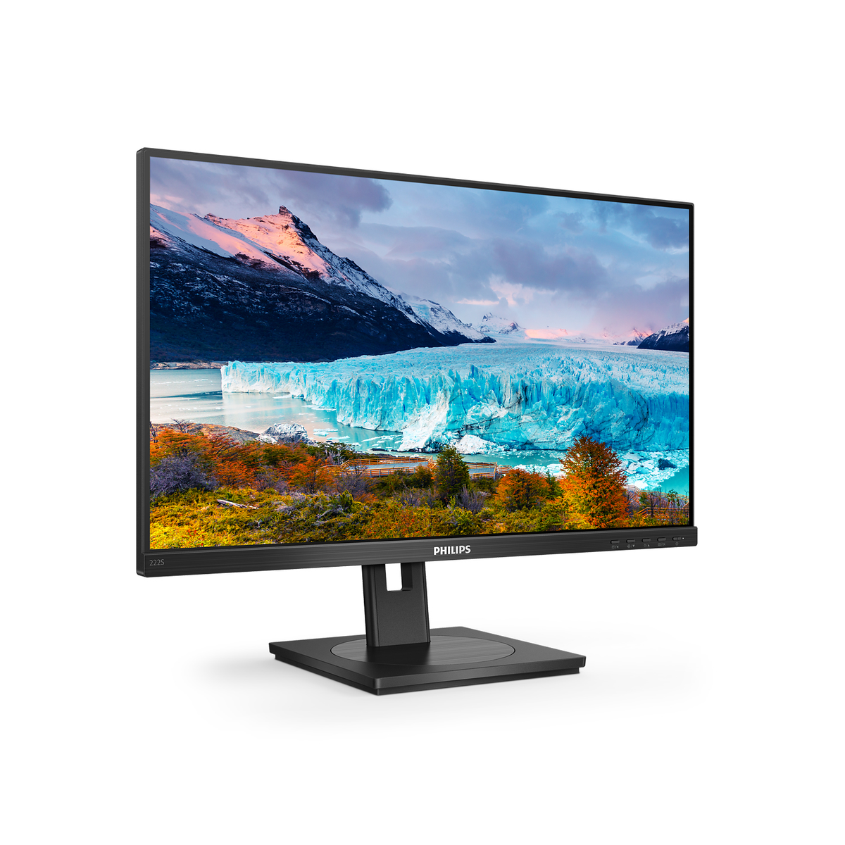Een Philips monitor die een gletsjer en blauw water weergeeft. De standaard is zwart en de rand is dun.