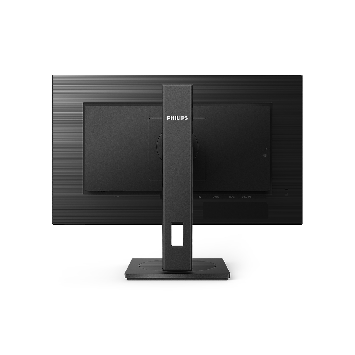 Achteraanzicht van een zwarte Philips monitor met centrale standaard, op een witte achtergrond.