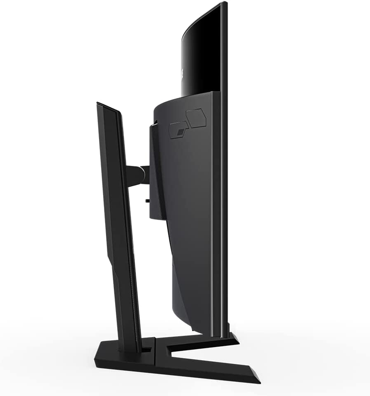 Widok z boku czarnego monitora z czarnym stojakiem. Monitor jest zakrzywiony.