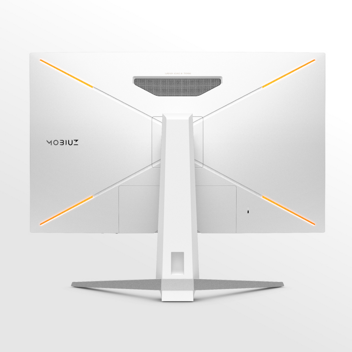 Widok z tyłu białego monitora z pomarańczowymi akcentami świetlnymi i logo MOBIUZ.