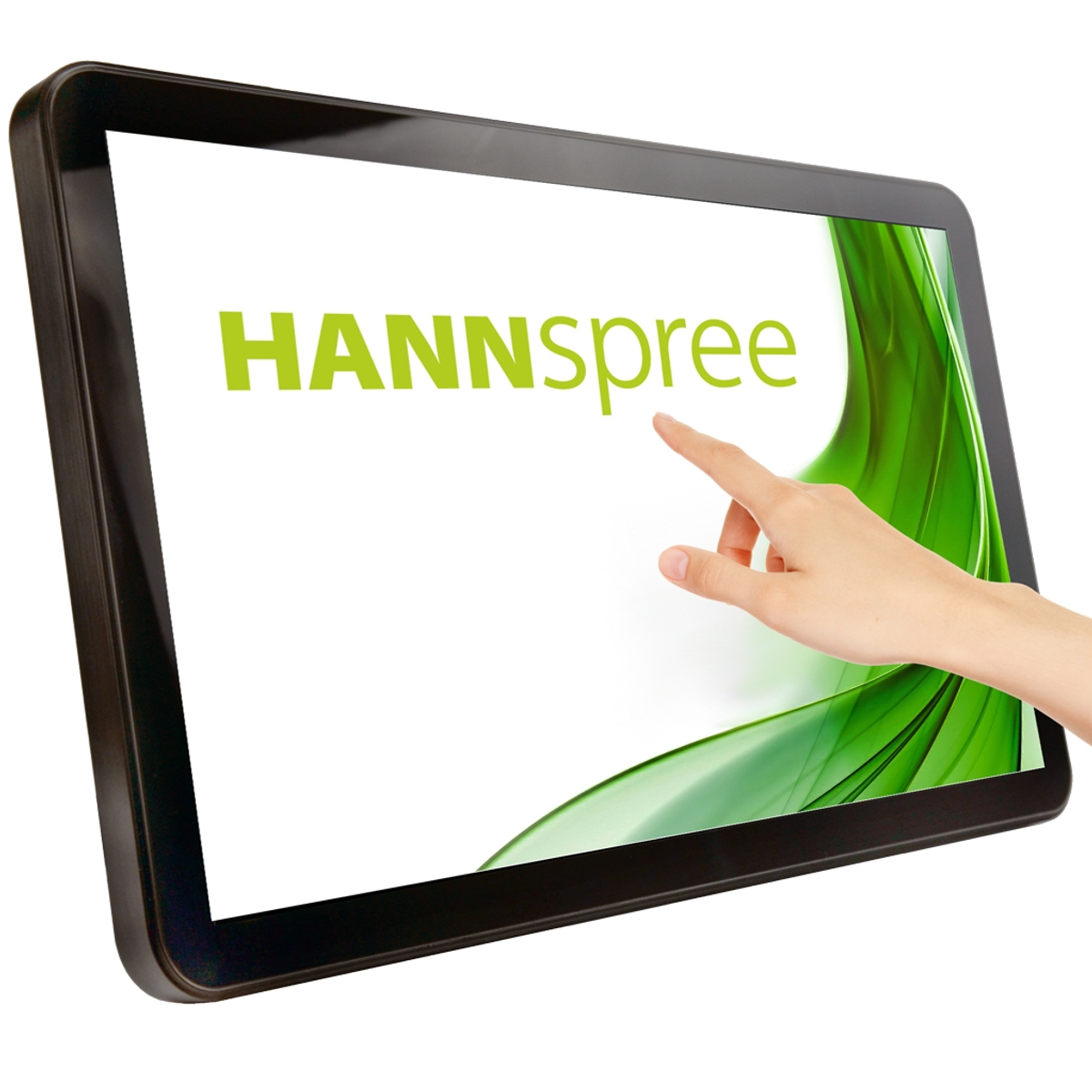 Eine Hand berührt einen Bildschirm mit 'HANNSspree', grüner Wellenhintergrund, schwarzer Rahmen.