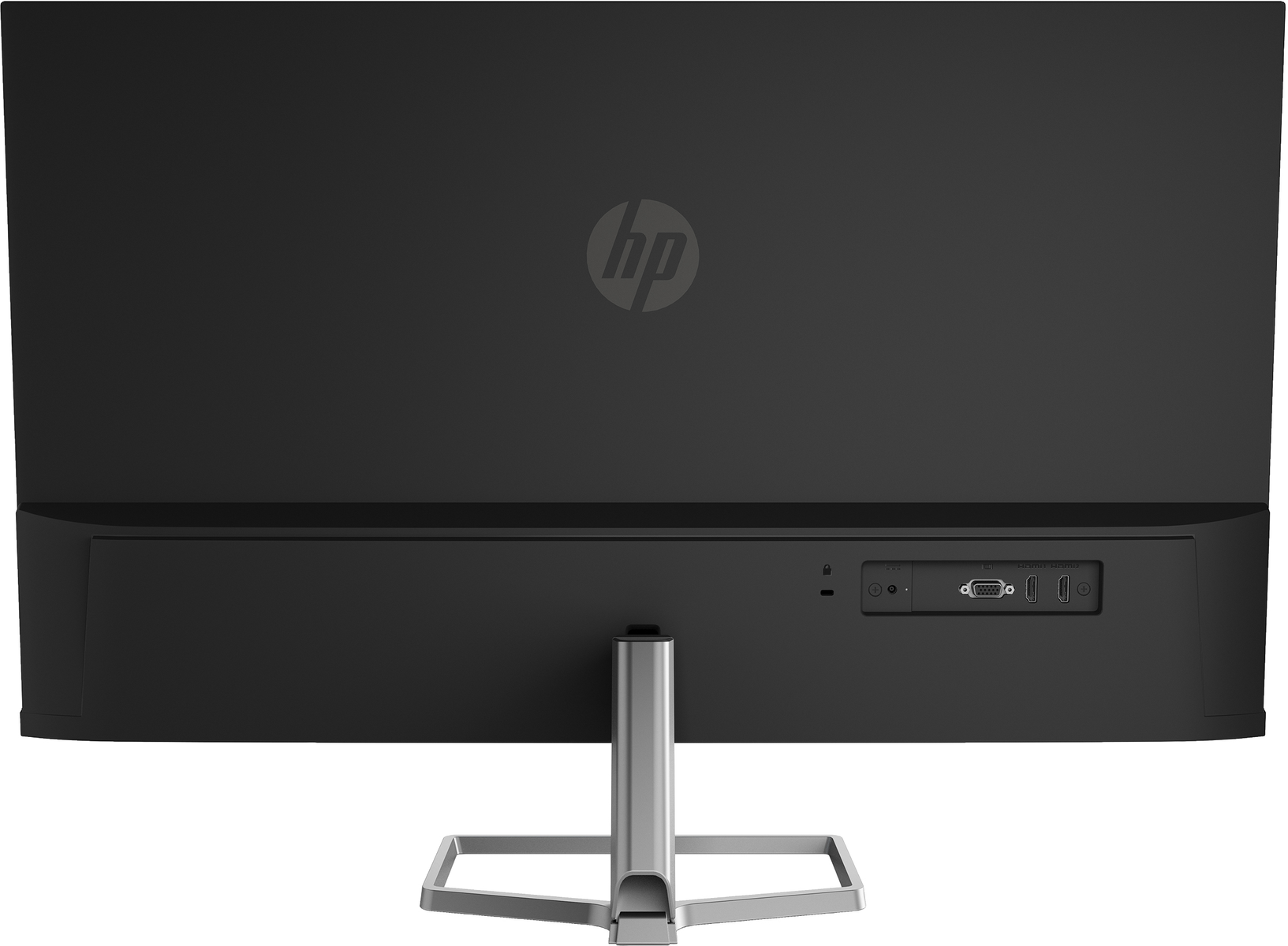 Retro di un monitor HP nero con porte e supporto argentato. Il logo HP è centrato.