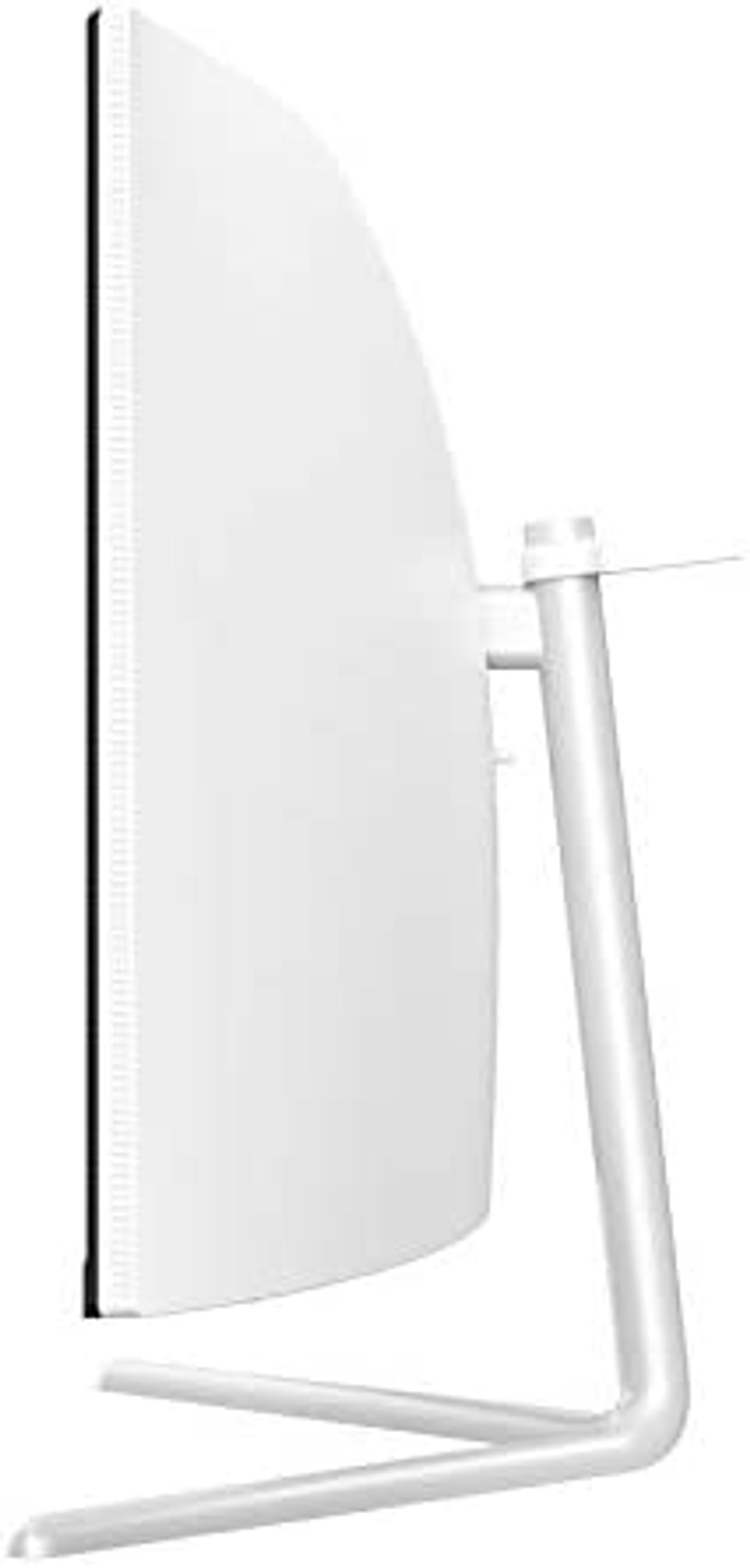 Zakrzywiony biały monitor komputerowy, widok z boku, ze stojakiem. Ekran jest czarny.