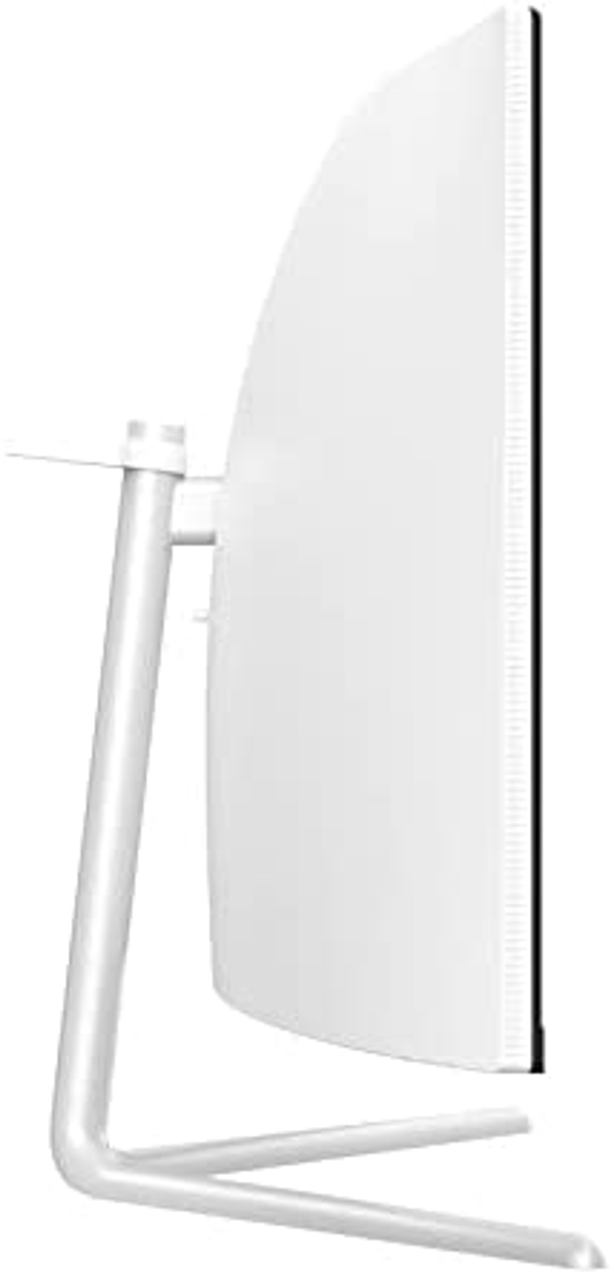 Zakrzywiony biały monitor z boku, z białym stojakiem i zielono-różowym światłem z tyłu.