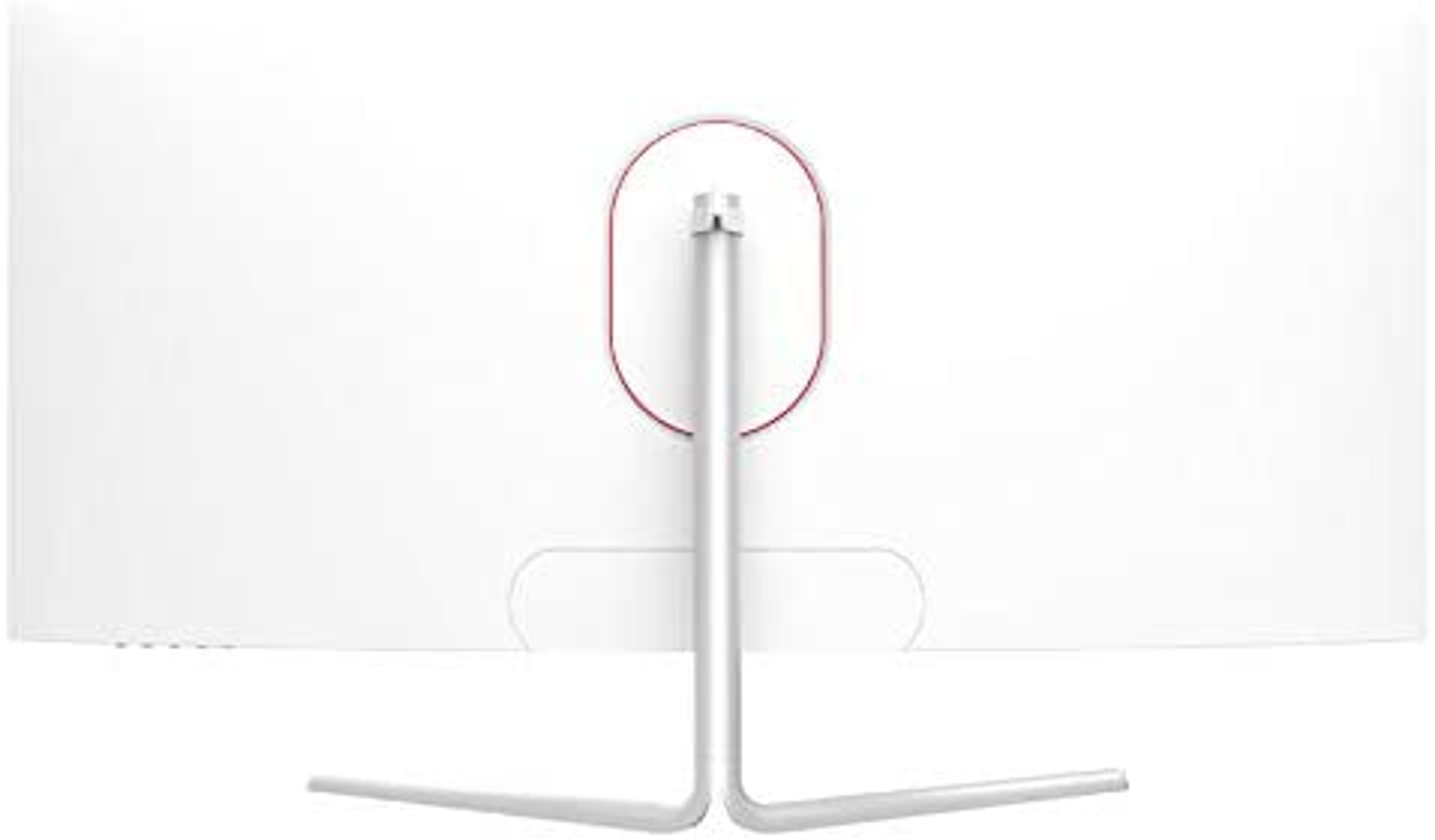 Widok z tyłu białego zakrzywionego monitora ze srebrnym stojakiem i czerwonym okręgiem wokół mocowania.