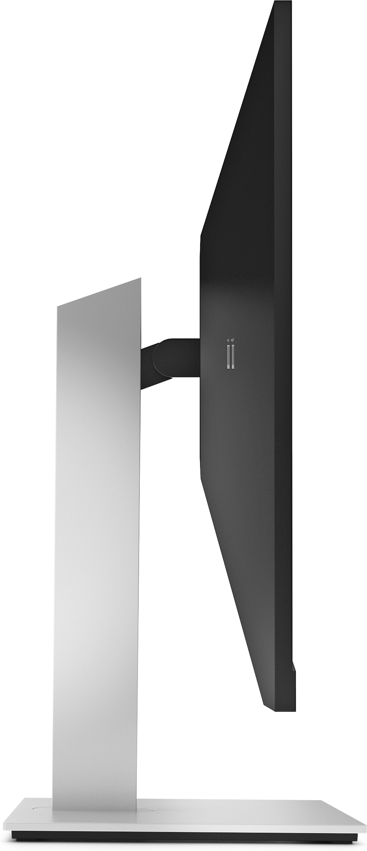 Un monitor con soporte plateado, pantalla negra y fondo blanco.